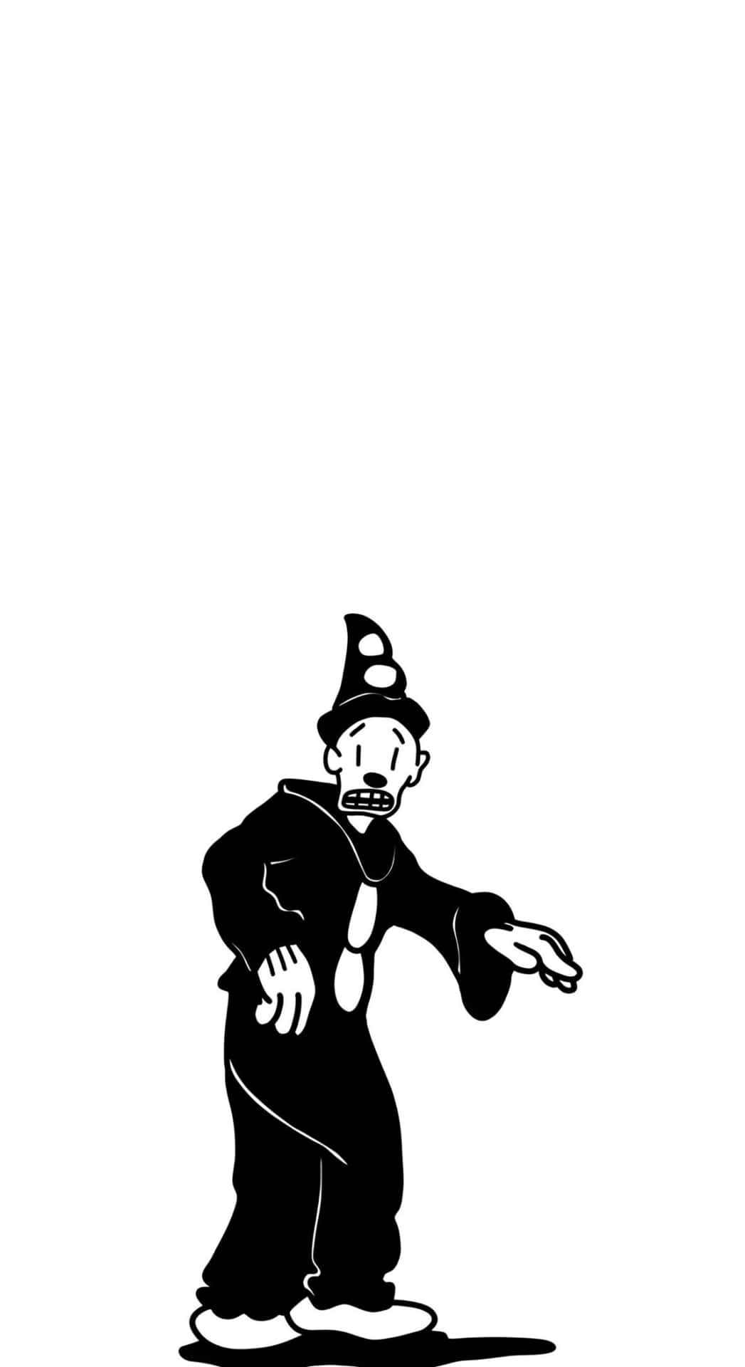 壁紙 — 一個黑白卡通小丑，戴著尖頂帽，露出誇張的笑容，站在純白色背景前。