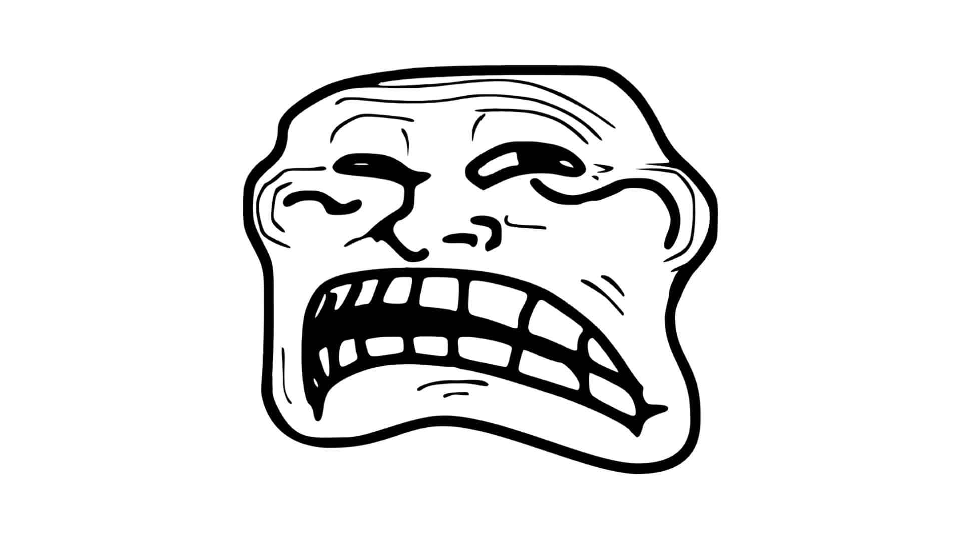  壁紙 — 一幅清晰的黑白線條畫，描繪了標誌性的「troll face」迷因，帶有誇張的尖叫表情。