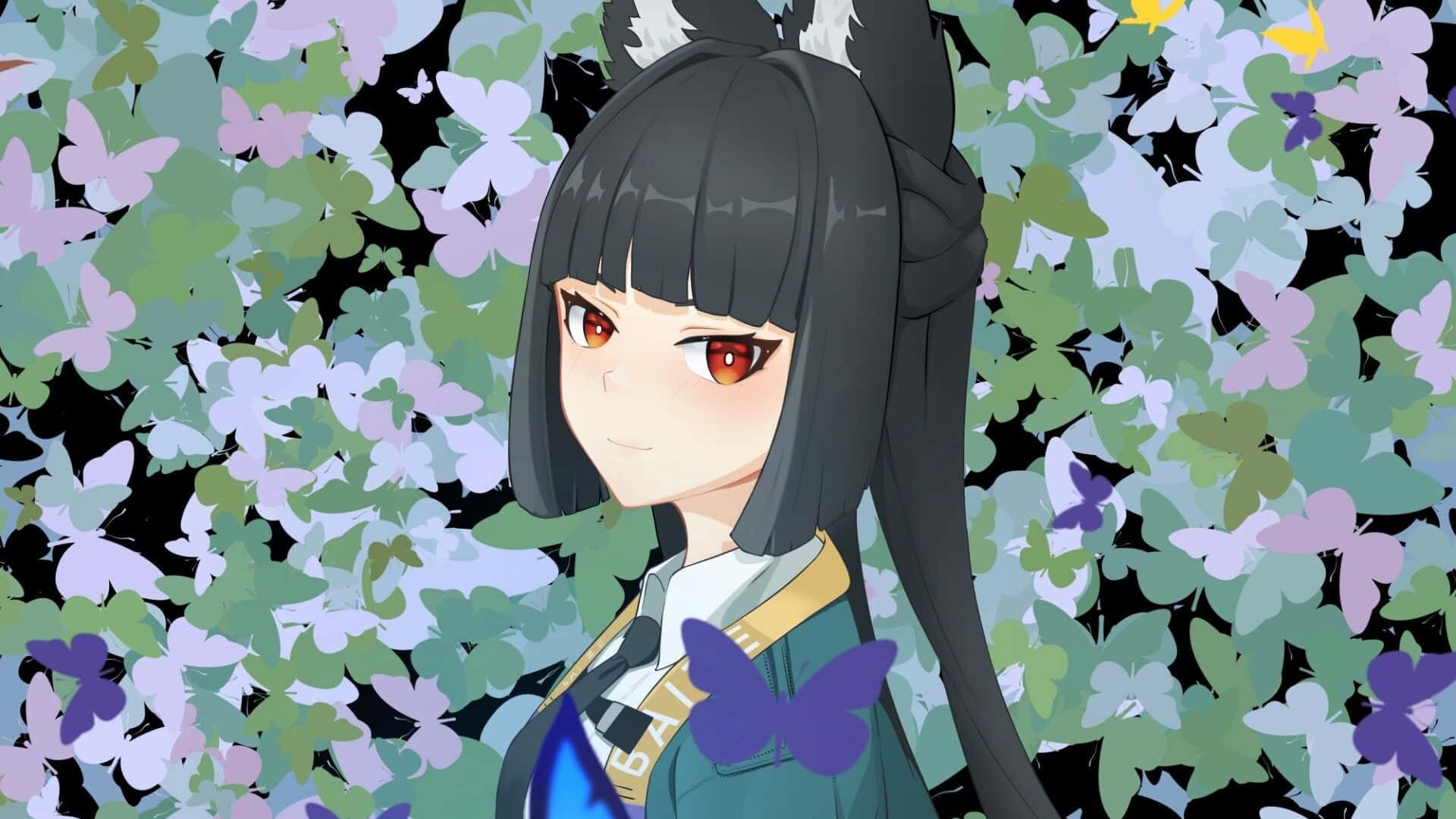  壁紙 — 黑髮紅眼動漫女孩在紫色和綠色蝴蝶群中溫柔微笑。