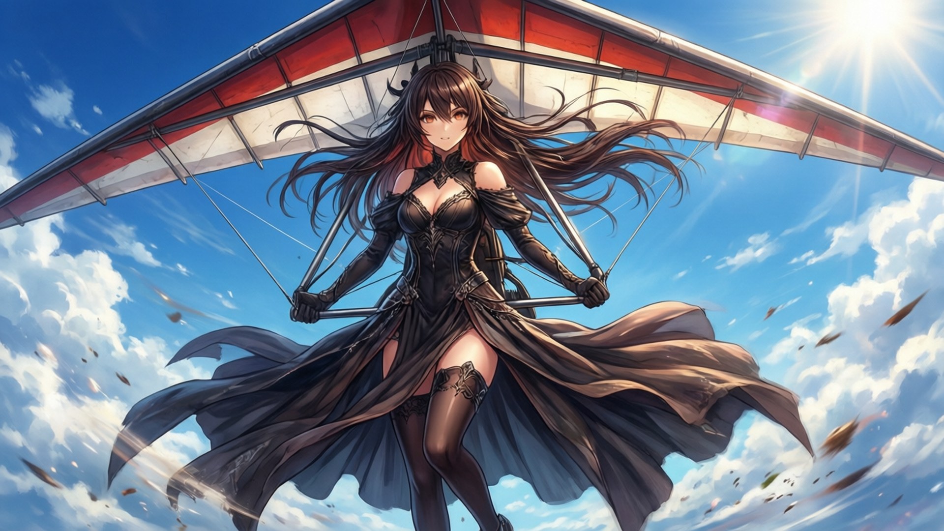 動漫少女在藍天白雲和陽光下駕駛滑翔翼。