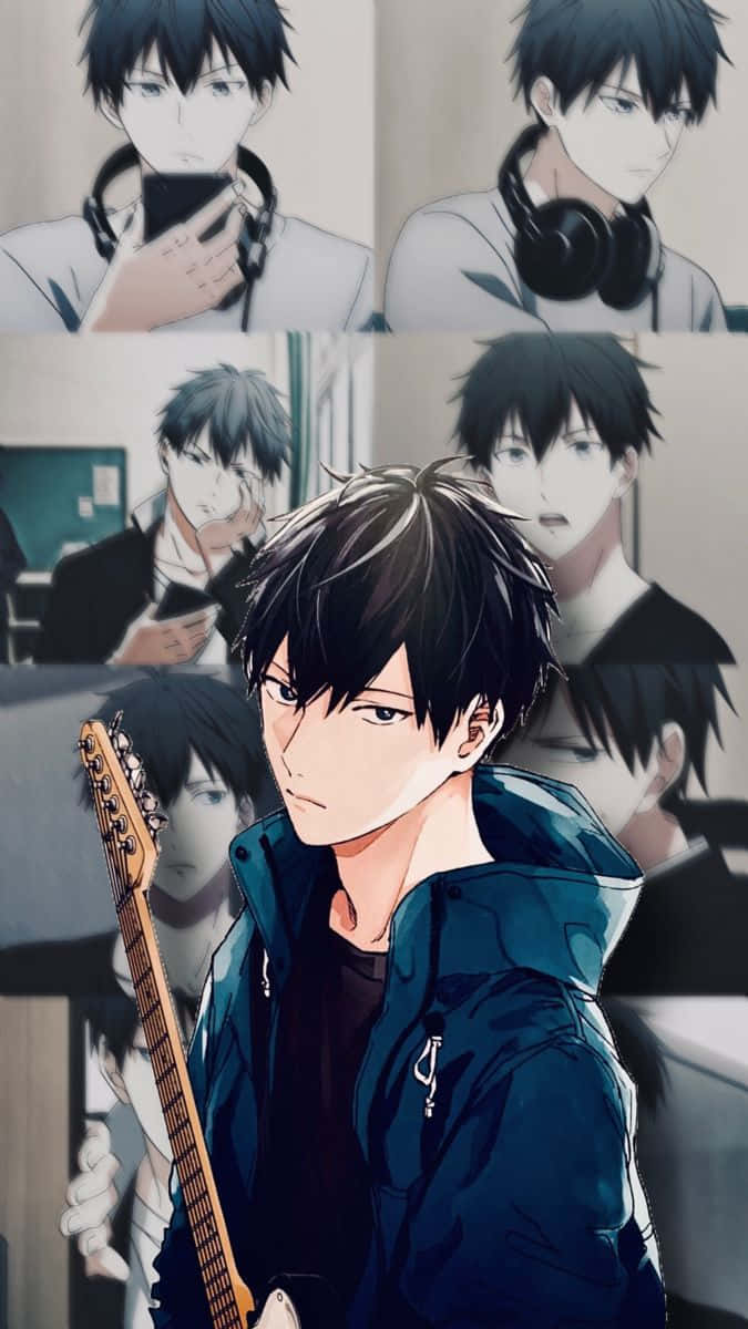  壁紙 — 黑髮動漫男孩拿著結他，他的多種表情以分層拼貼形式出現。