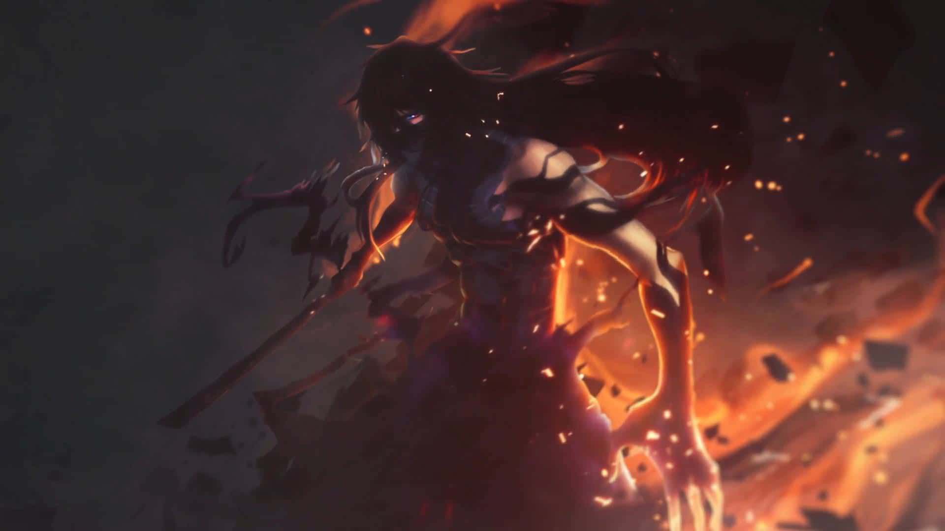 死神劍士靈魂 PC 壁紙 — 一位黑髮動漫戰士在戲劇性的戰鬥姿態中，火花四濺，被熾熱的能量點燃。