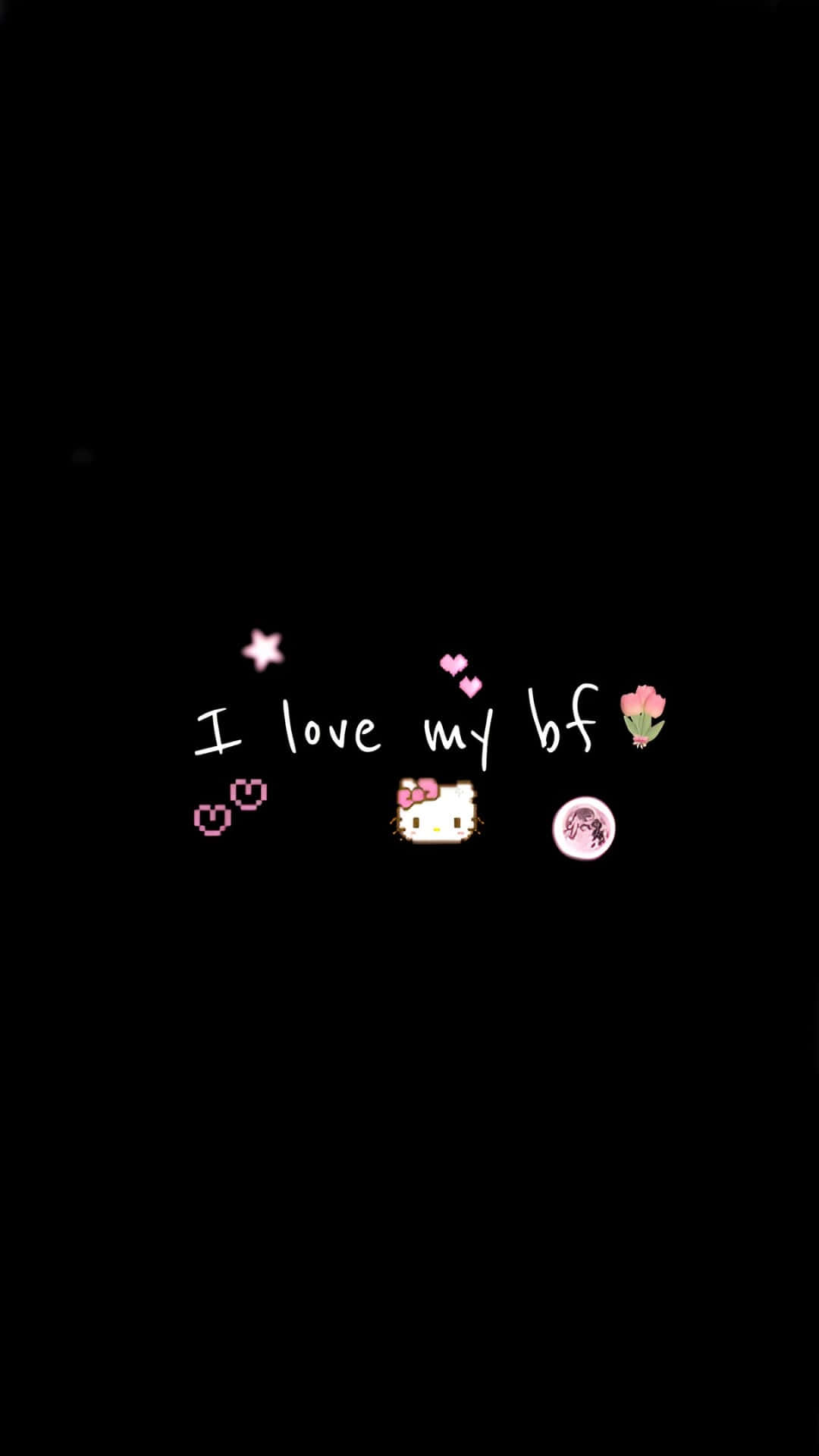  壁紙 — 黑色牆紙，上面有白色手寫文字「I love my bf」，周圍環繞著粉紅色心形和Hello Kitty表情符號。