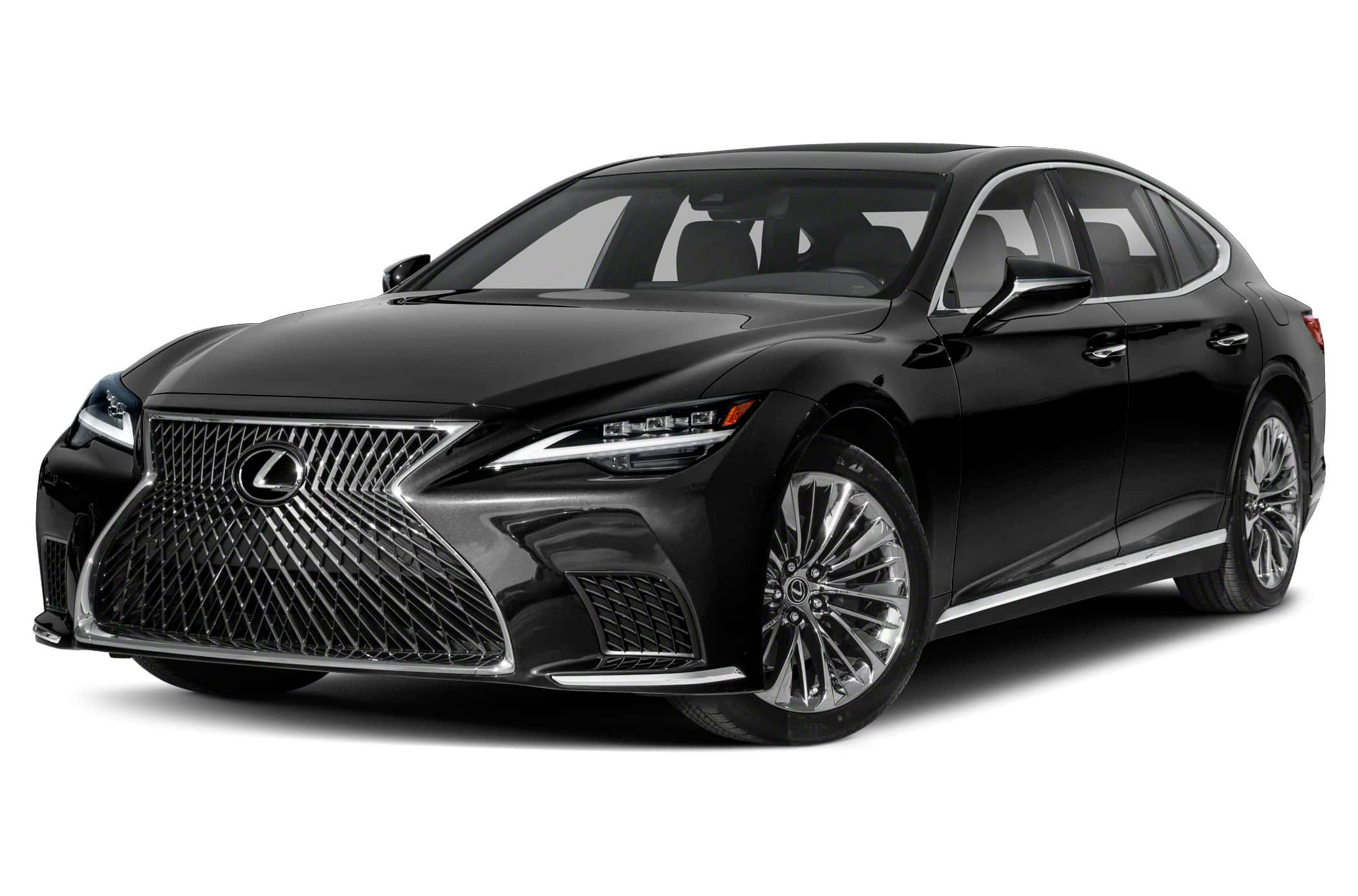 Lexus Ls 500 桌布 壁紙 — 一輛時尚的黑色凌志房車在攝影棚燈光下閃耀，展現其銳利線條和鍍鉻飾邊，背景為純白色。