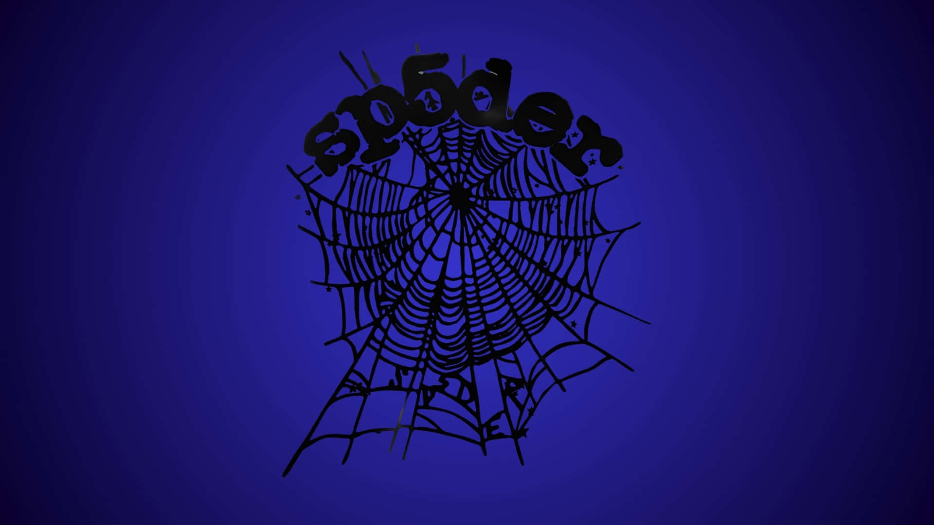  壁紙 — 黑色蜘蛛網圖形，中央以風格化字體顯示「spider」一詞，背景為深藍色漸變。