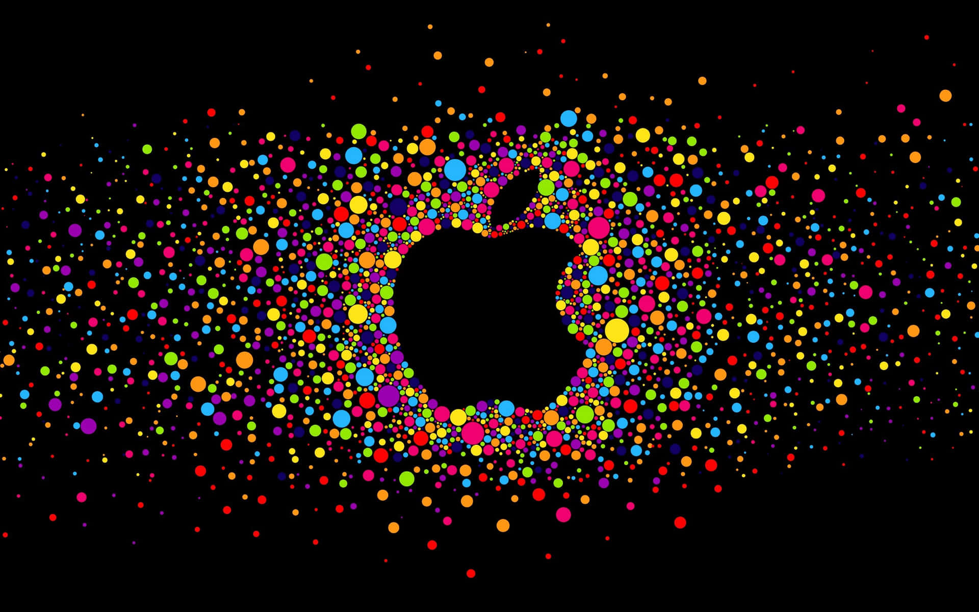 鮮豔多彩的點在黑色背景上形成一個Apple標誌。