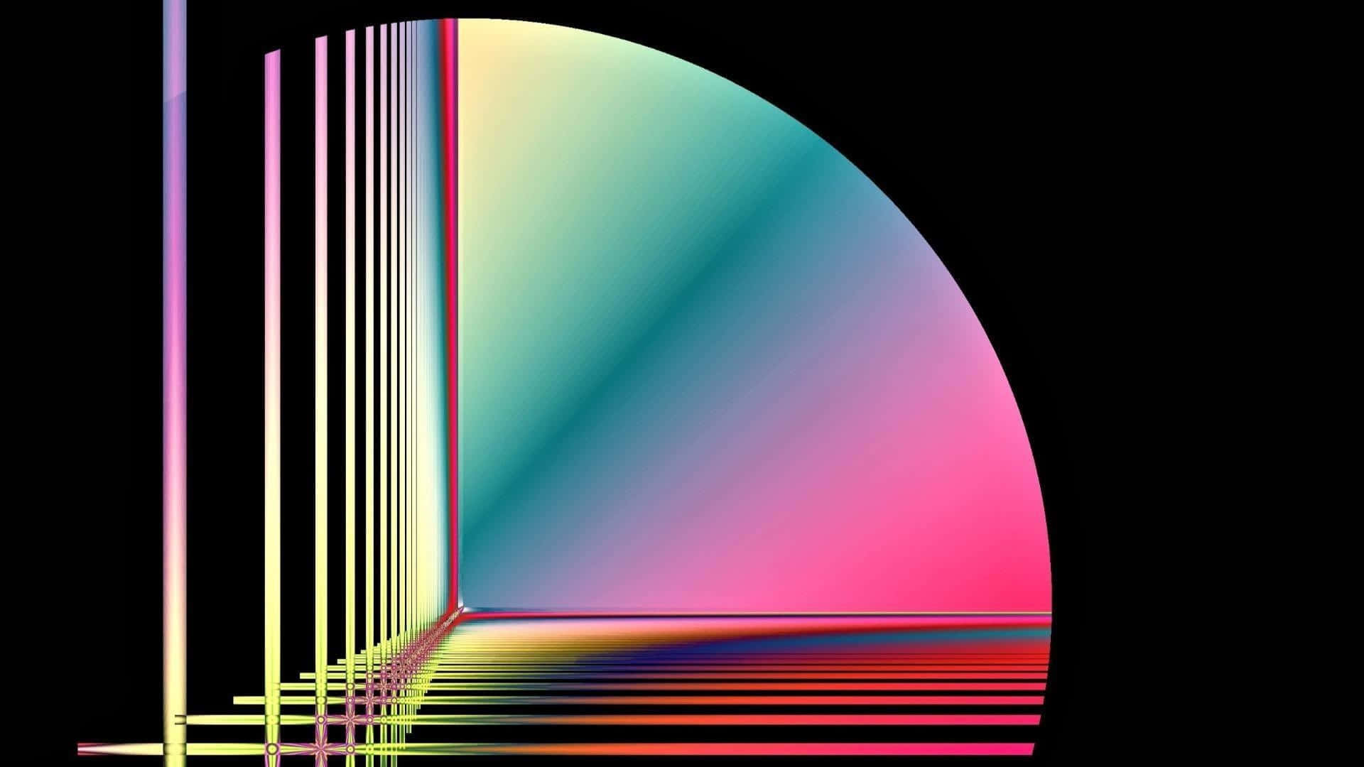  壁紙 — 黑色背景上鮮豔的幾何彩虹漸變弧線，帶有發光的垂直和水平線條，營造出未來感的數位隧道效果。