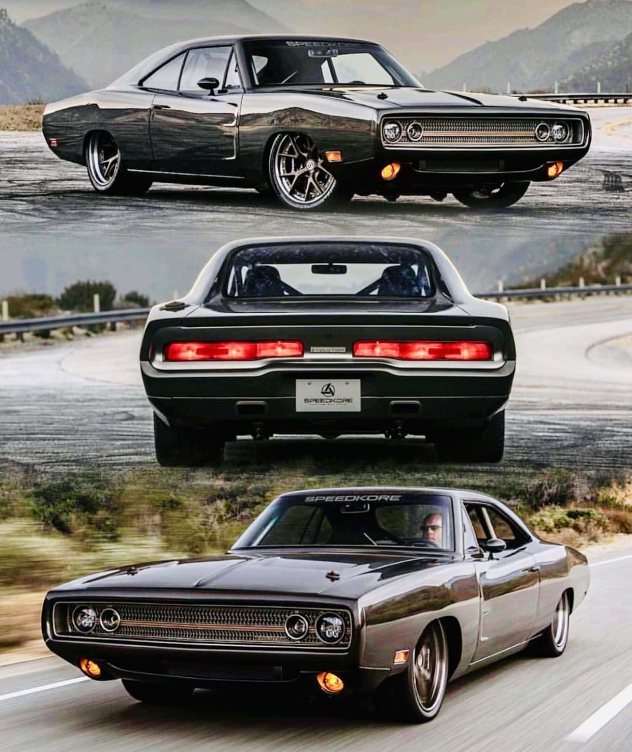  壁紙 — 一架型格黑色Dodge Challenger肌肉車從前、後和側面角度展示，沿著蜿蜒的山路飛馳。
