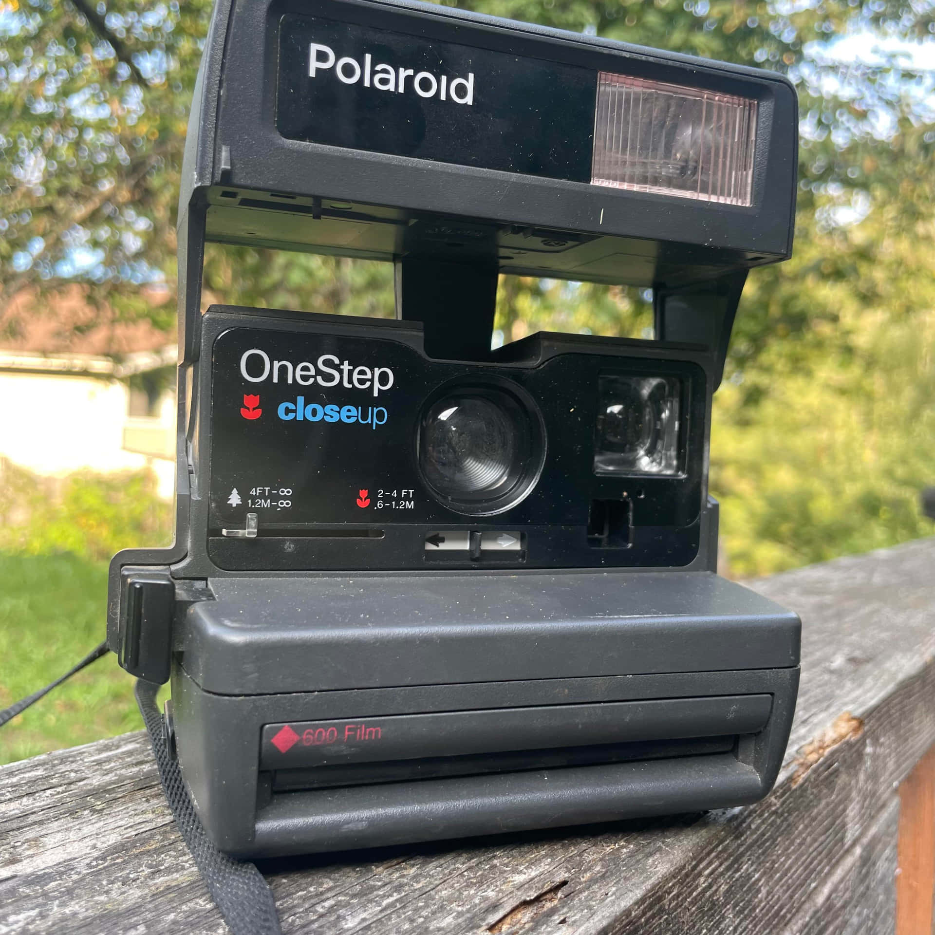  壁紙 — 一部黑色Polaroid OneStep近攝相機放在經風化的木質表面上，背後有柔焦的綠色樹葉。