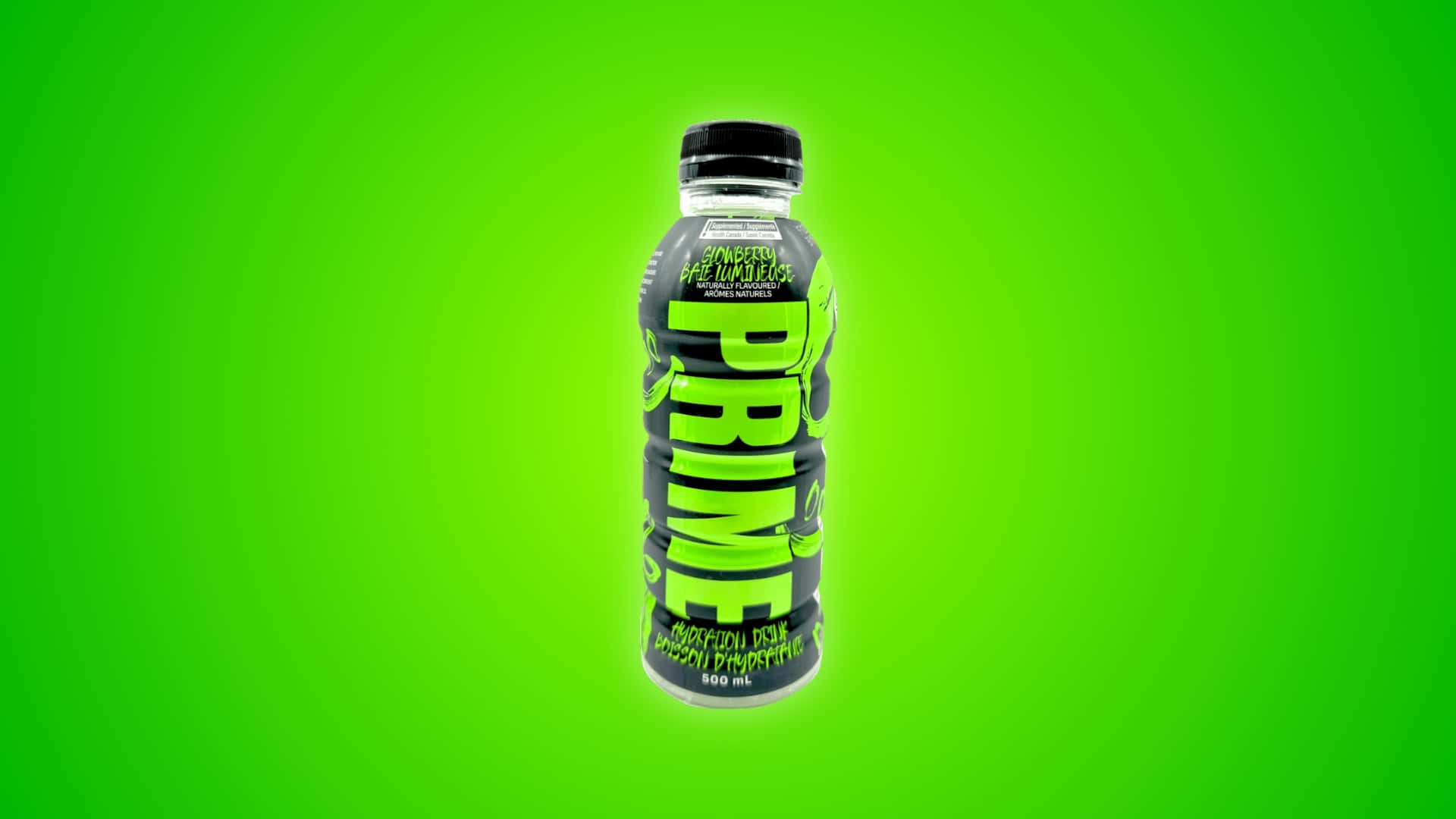  壁紙 — 一個黑色和螢光綠色的能量飲料瓶，標有 'PRIME'，置於純亮綠色背景中央。