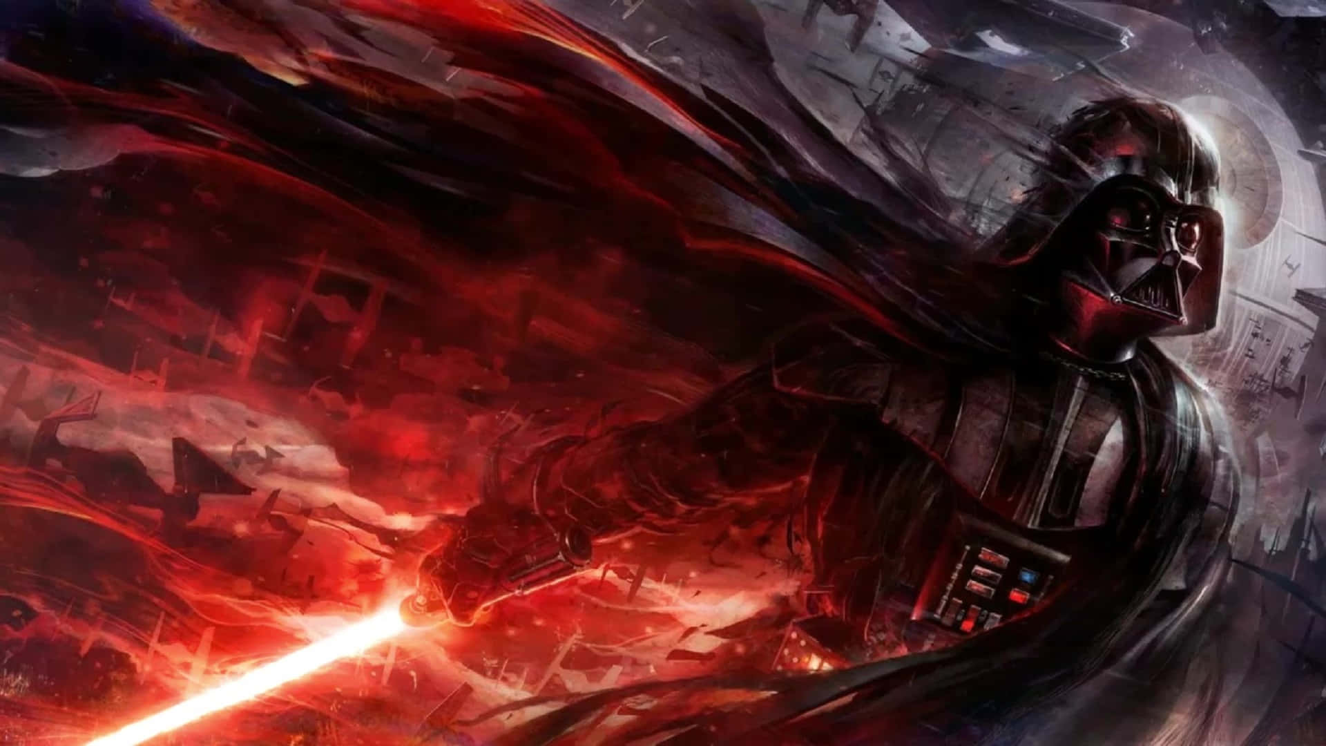 黑武士在烈焰毀滅中手持紅色光劍作戰。