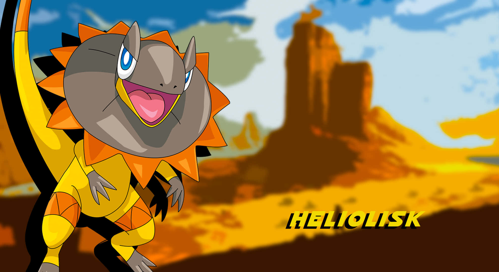 Heliolisk與沙漠背景 壁紙 — 一隻開朗的動畫風格 Helioptile 站在陽光明媚的沙漠中，有岩石形成和藍天。