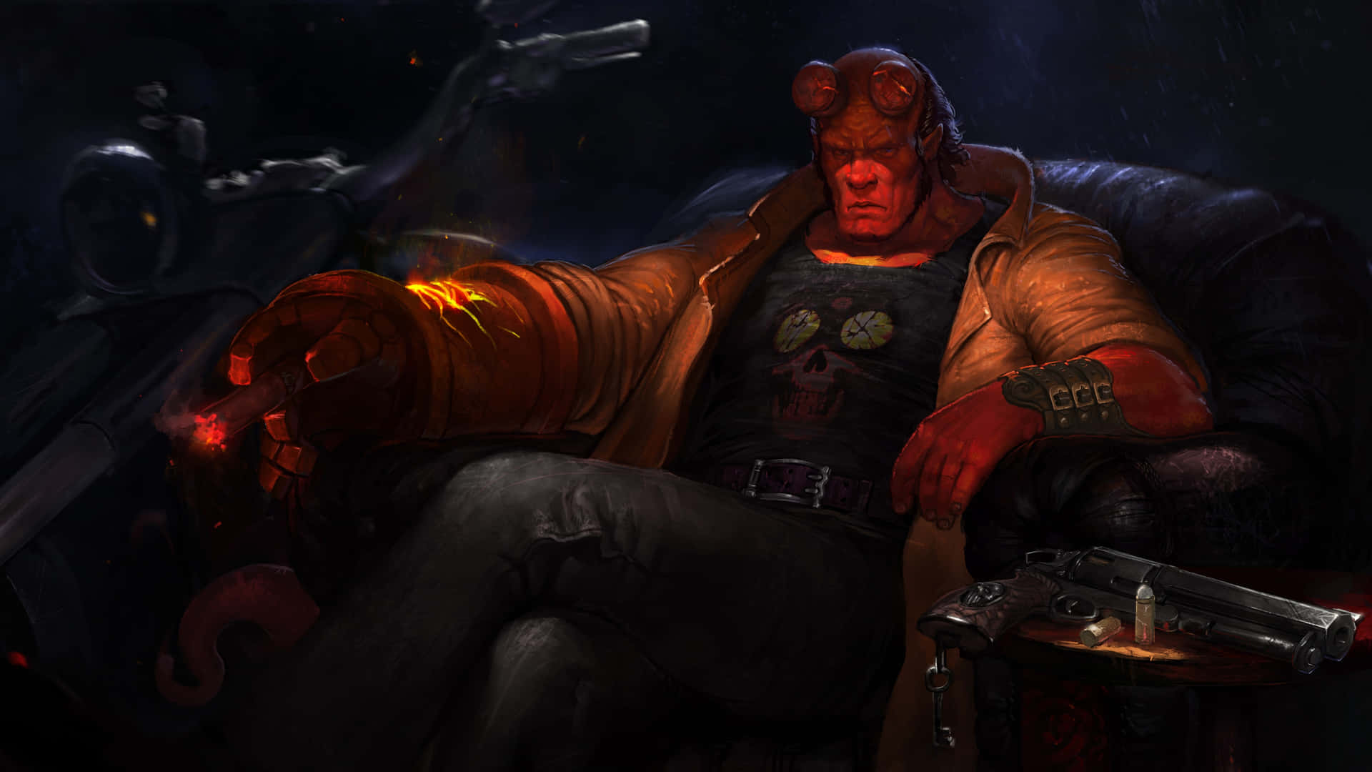  壁紙 — Hellboy 放鬆地坐在皮革椅上抽煙，附近有槍支，處於陰暗的氛圍中。