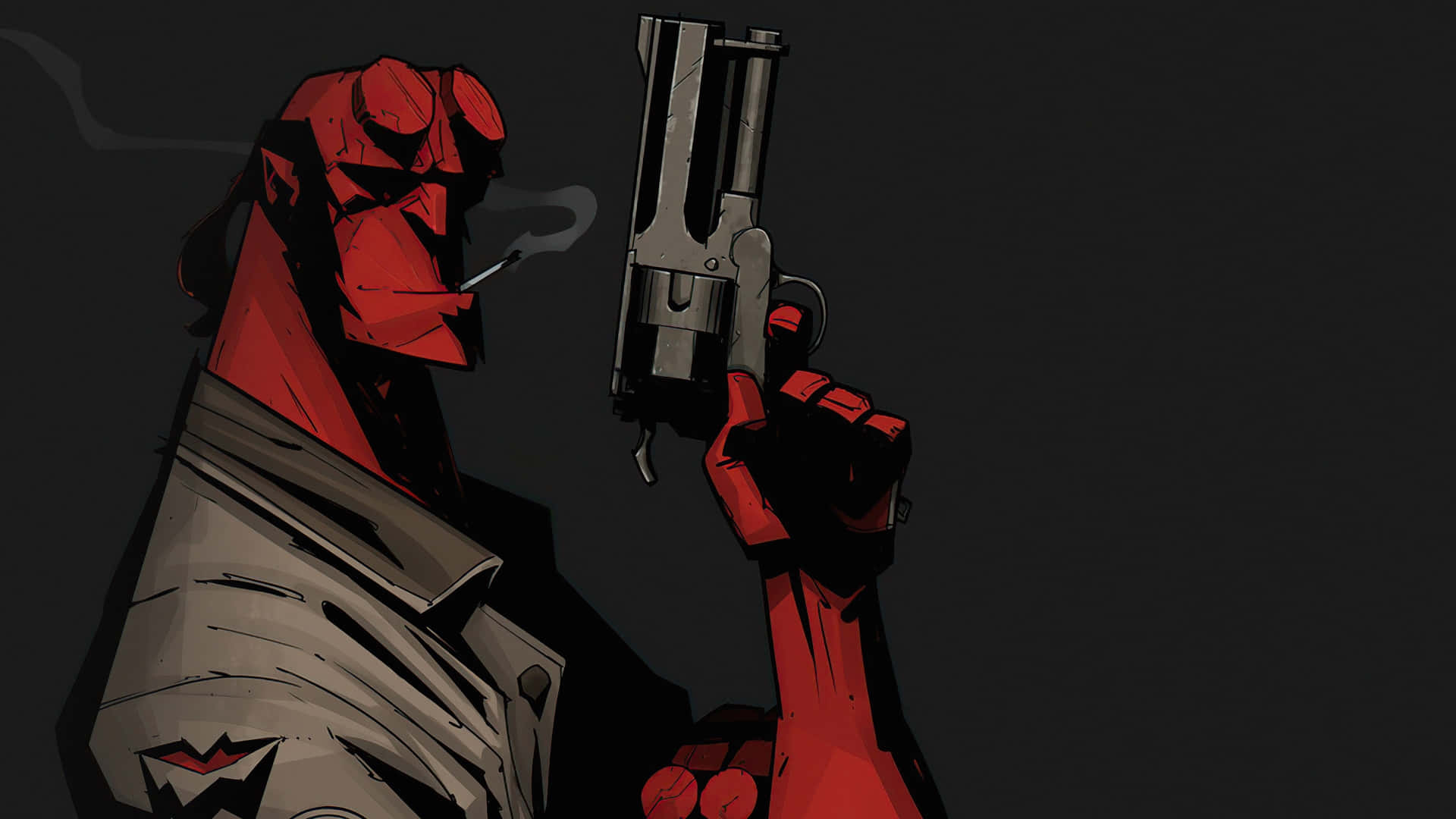  壁紙 — Hellboy喺黑暗背景下，一邊抽煙一邊揸住左輪手槍。