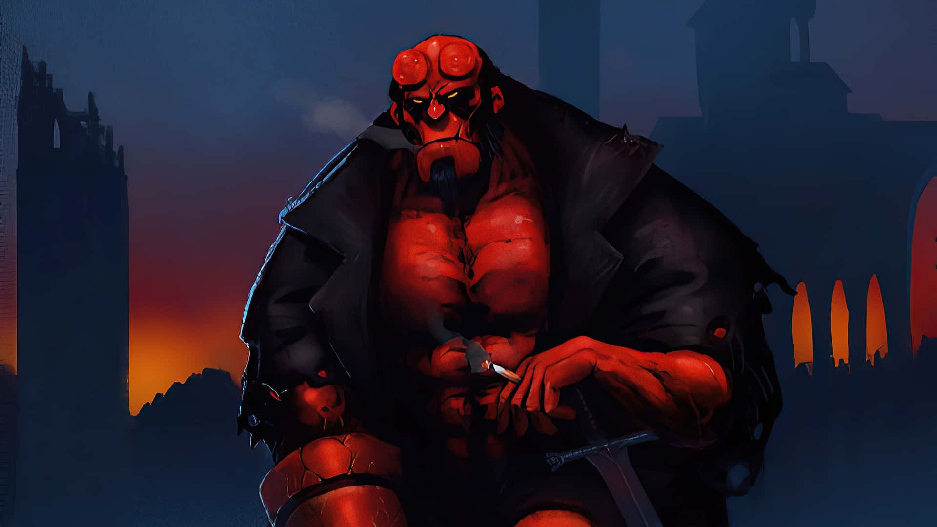  壁紙 — Hellboy 在黃昏的黑暗城市景觀中威嚴地站立，他的紅色皮膚在火橙色的天空下閃耀。