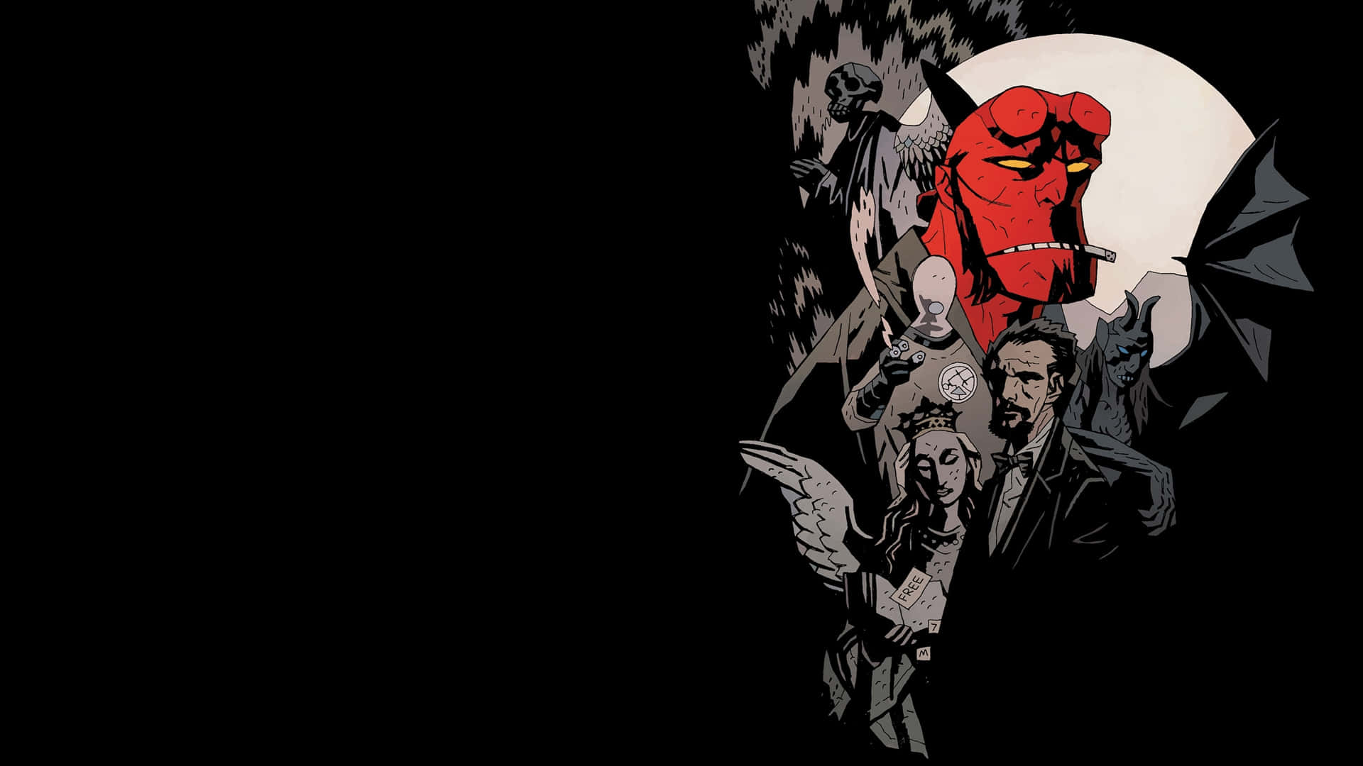  壁紙 — Hellboy 在滿月背景下，帶著骷髏翅膀和惡魔盟友，以黑暗漫畫風格威嚴地站立。