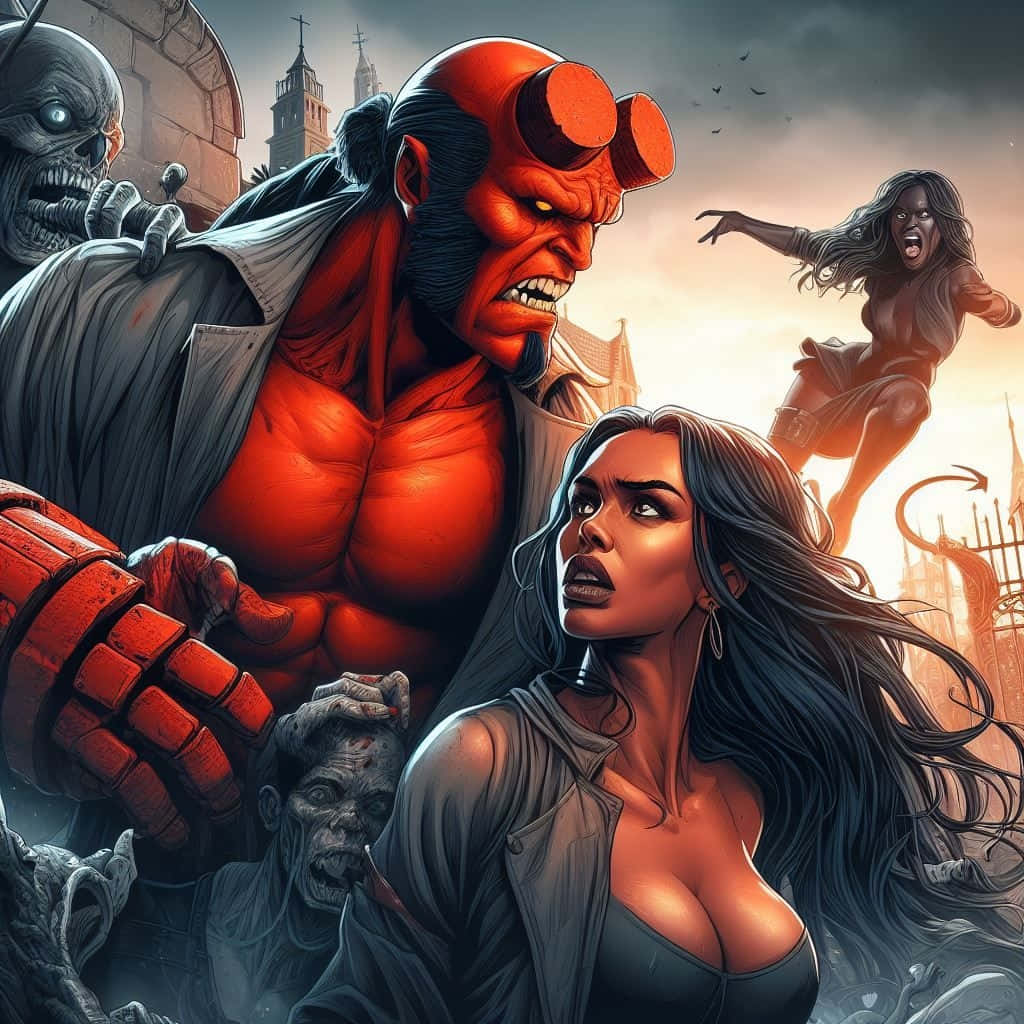  壁紙 — Hellboy 在哥德式城市背景下，於一個充滿尖叫女性和怪誕怪物的混亂場景中威風凜凜地站立。