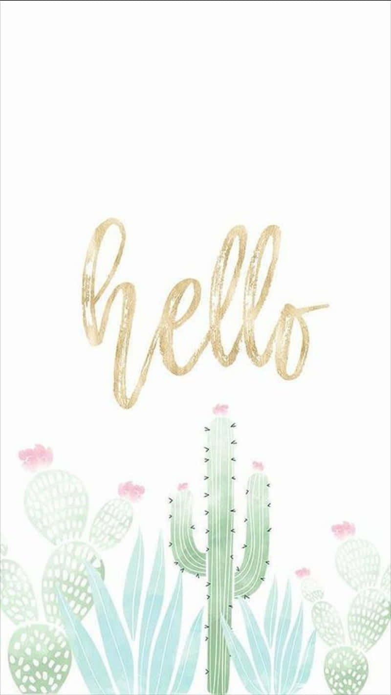 帶有「Hello」字樣的可愛仙人掌 壁紙 — 一幅極簡插圖，在白色背景上，金色草書的hello字樣位於風格化的綠色仙人掌（帶有粉紅色花朵）上方。