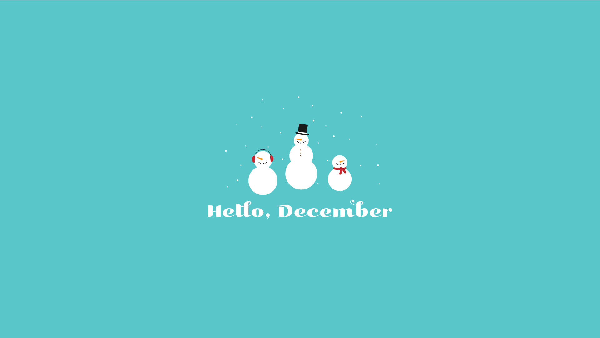 三個戴帽子和圍巾的雪人，青綠色背景，文字 Hello December。