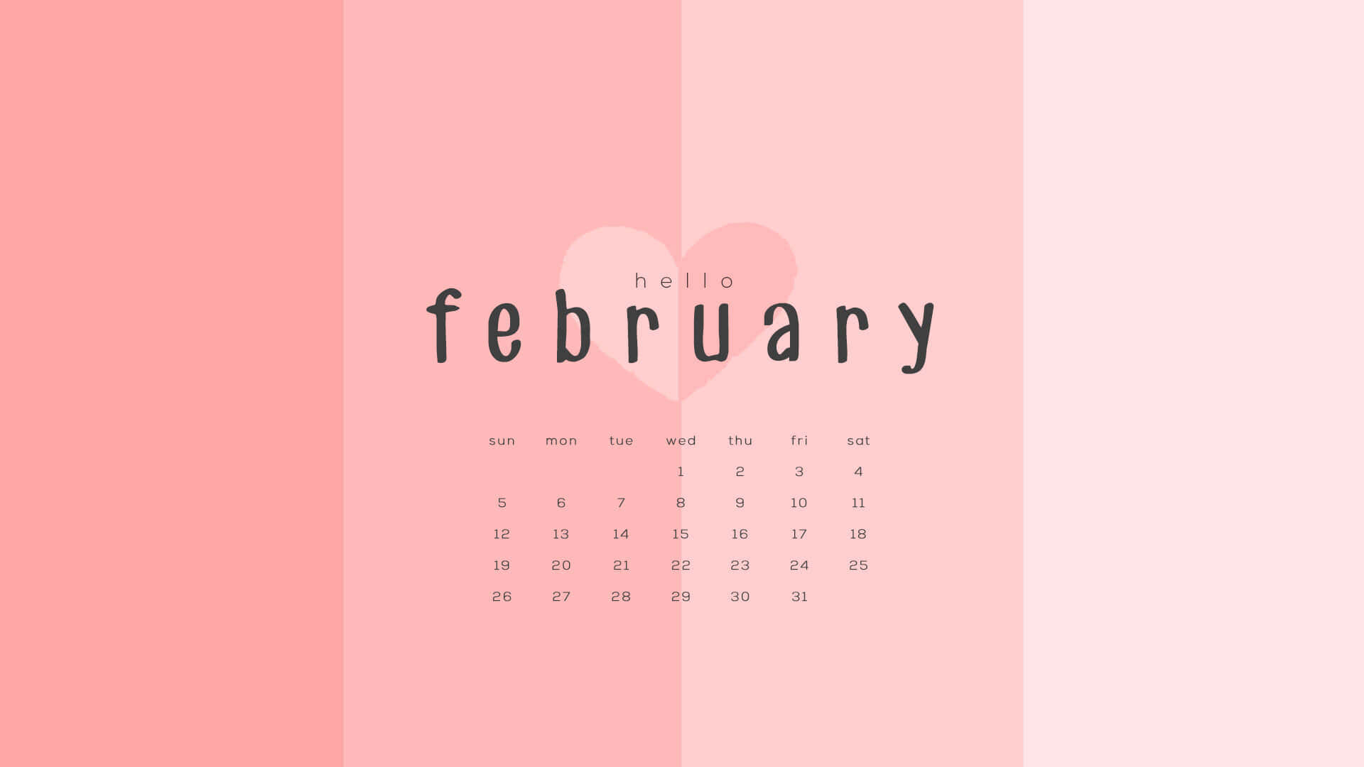 以「Hello February」慶祝二月新月份 壁紙 — 一個極簡風格的二月日曆，心形圖案居中在柔和的粉紅色漸變背景上。