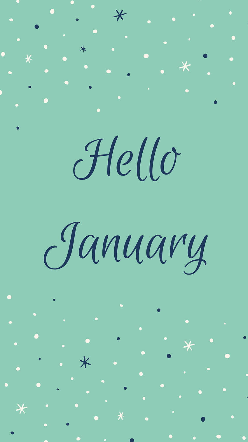 薄荷綠色星星和圓點圖案上的 Hello January 文字