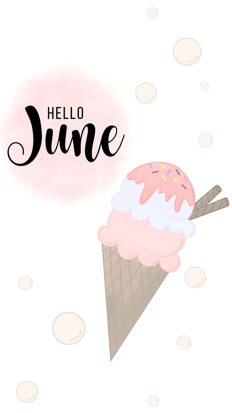 粉紅色甜筒雪糕，有彩色糖粒和Hello June文字，被氣泡環繞。