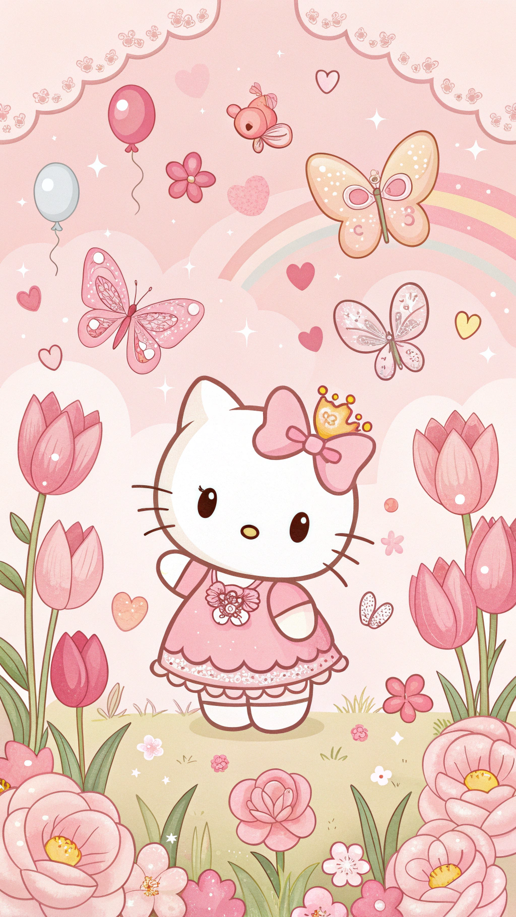 Hello Kitty的魔法花園秘密揭曉 壁紙 — Hello Kitty 身穿粉紅色連衣裙，站在鬱金香和花朵之間，天空中有蝴蝶氣球和彩虹。