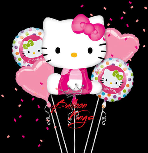 Hello Kitty 生日氣球 壁紙 — 一個節日簇擁的Hello Kitty氣球，粉紅色和白色，帶有五彩紙屑，背景為黑色。