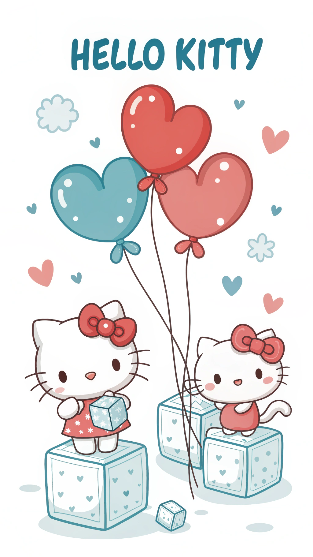 Hello Kitty 的情人節驚喜 壁紙 — 兩個Hello Kitty角色站在淺藍色立方體上，手持心形氣球，背景為白色，有漂浮的心形和雲朵。