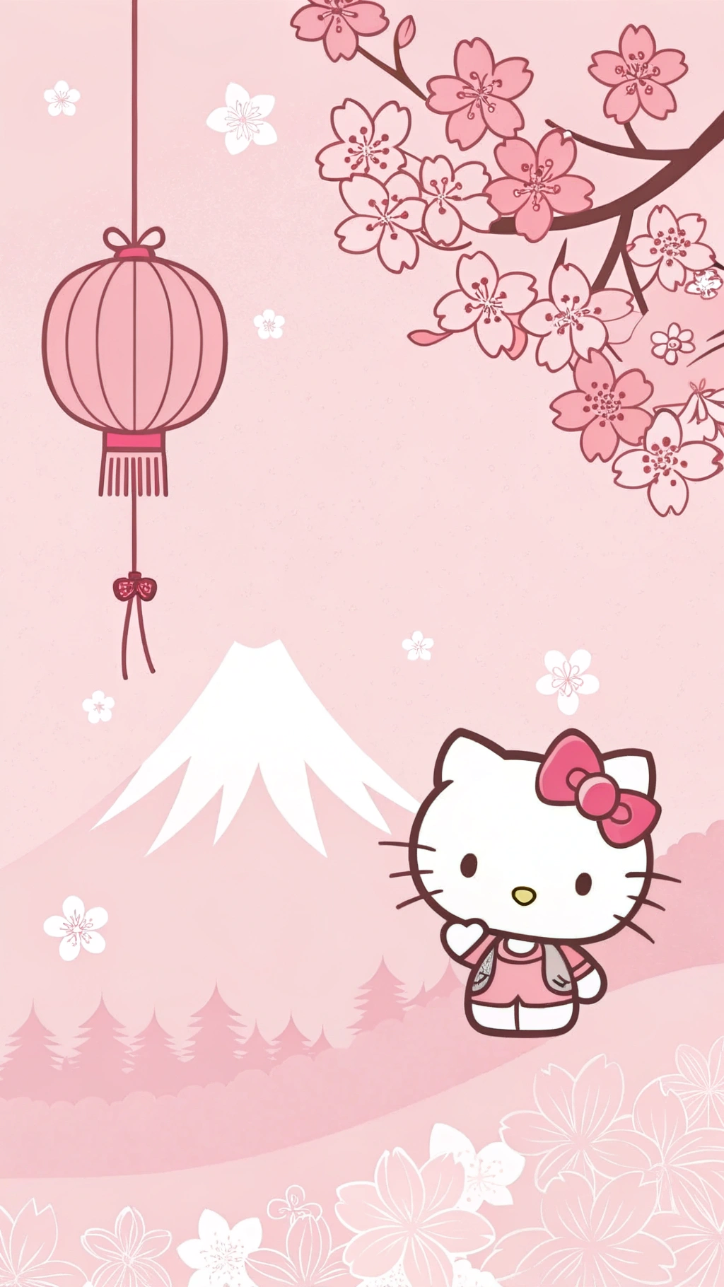 Hello Kitty 的日本之旅驚豔可愛 壁紙 — Hello Kitty 身穿粉紅色和服，站在櫻花和掛燈下，背景是柔和的粉紅色富士山。