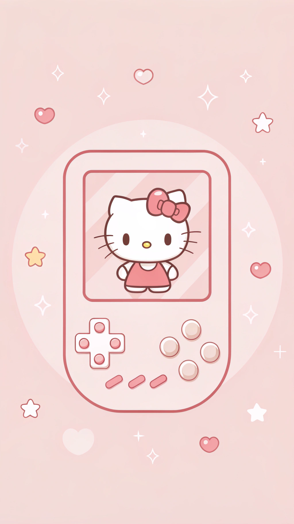Hello Kitty 的全新遊戲會令你驚訝 壁紙 — 一部粉紅色手提遊戲機顯示Hello Kitty穿著粉紅色連衣裙，戴著蝴蝶結，被心形和星星包圍，背景是柔和的粉紅色。