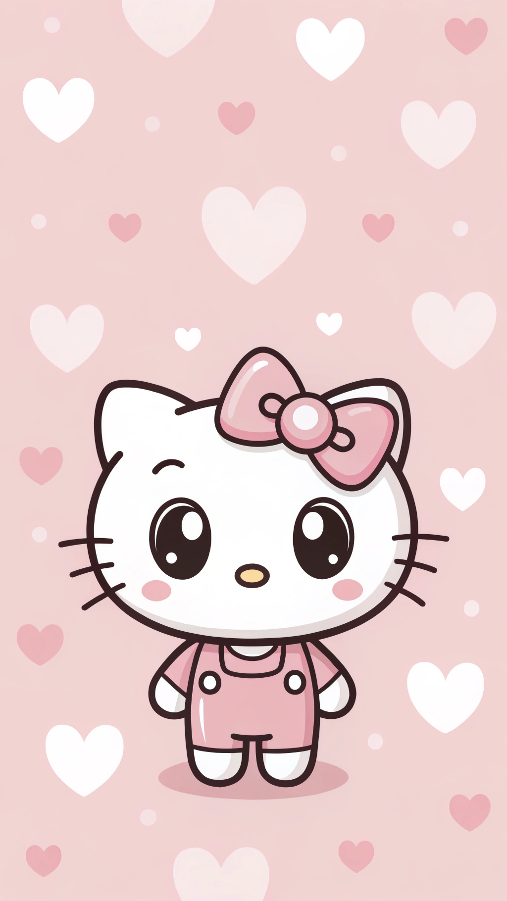 Hello Kitty 的大眼睛會讓你無法抗拒 壁紙 — 一隻可愛的卡通貓咪，戴著粉紅色蝴蝶結和穿著工人褲，站在充滿白色和粉紅色心形的粉紅色背景前。