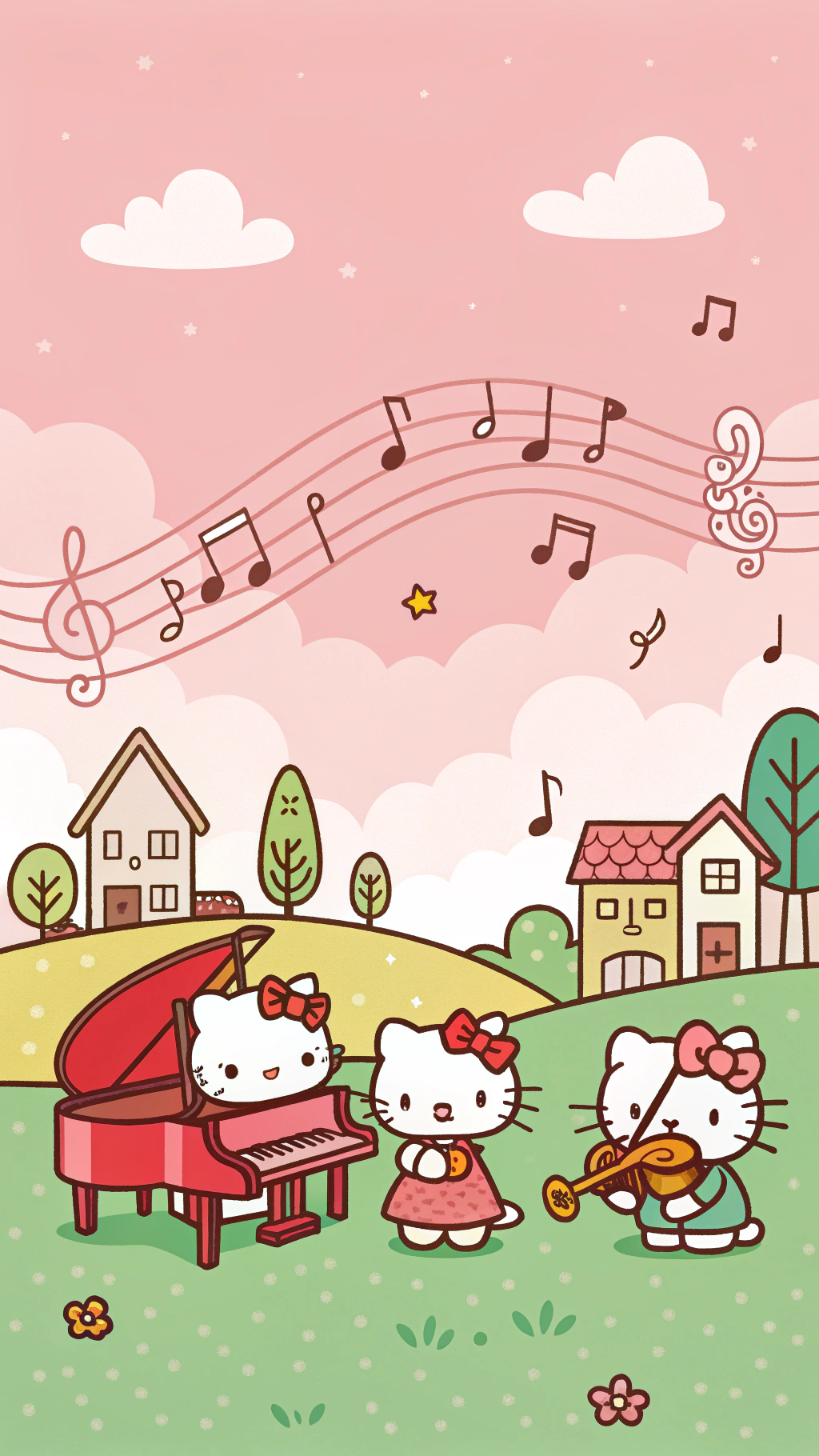 Hello Kitty 的樂隊會偷走你的心 壁紙 — 三個Hello Kitty角色在粉紅色天空下，有房屋和雲朵，在音符下彈鋼琴、拉小提琴和唱歌。