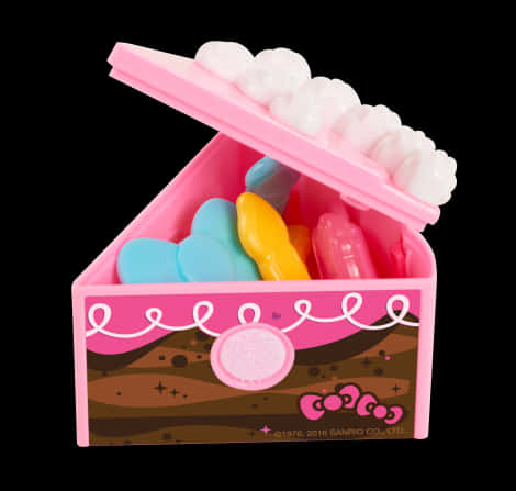 Hello Kitty主題玩具箱 壁紙 — 一個粉紅色Hello Kitty主題糖果盒打開，露出色彩繽紛的心形糖果和白色棉花糖，背景為黑色。