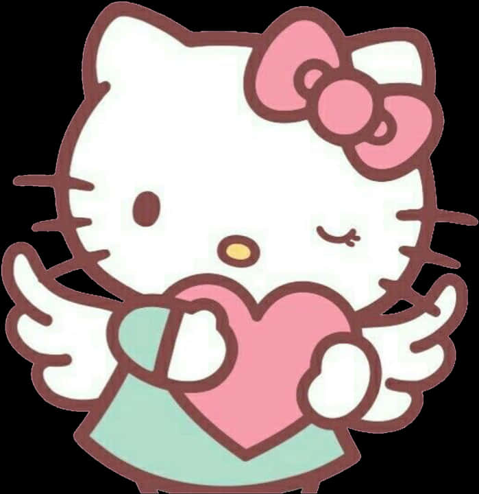 Hello Kitty手持心形 壁紙 — Hello Kitty 帶著天使翅膀，在可愛的卡通插圖中拿著一個粉紅色的心。