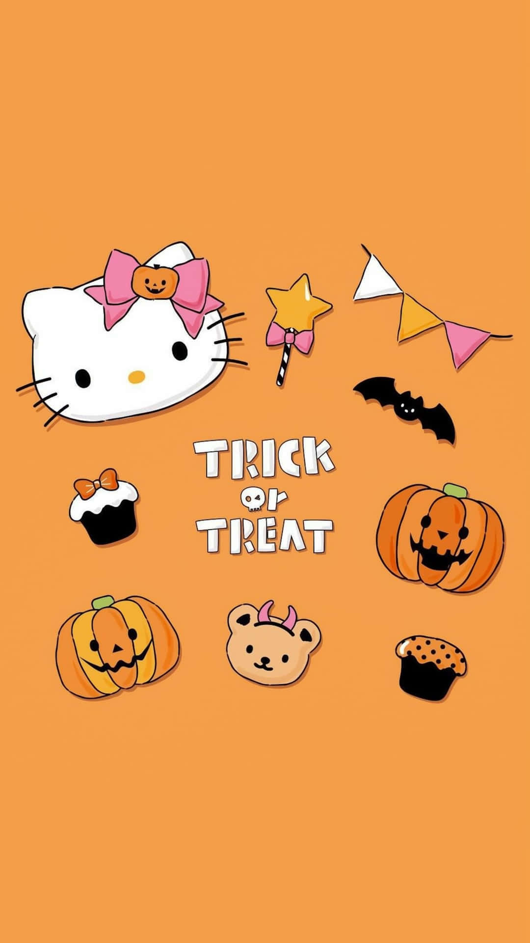  壁紙 — Hello Kitty 同可愛嘅萬聖節圖案，好似南瓜、蝙蝠同紙杯蛋糕，漂浮喺溫暖嘅橙色背景上。