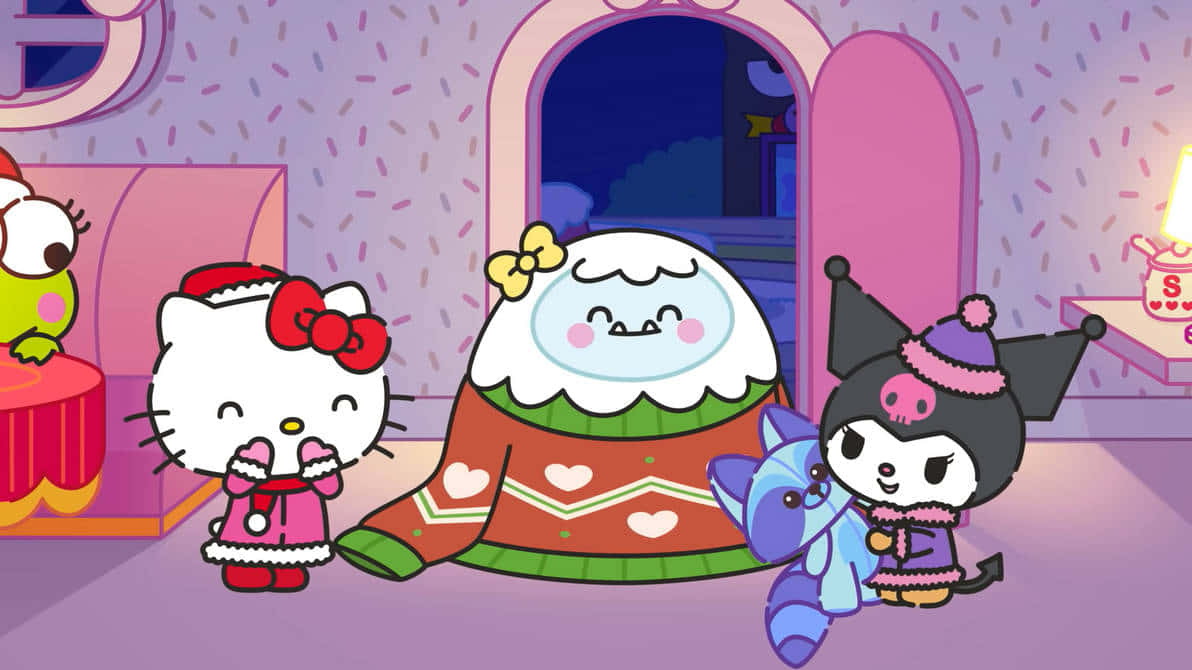  壁紙 — Hello Kitty 同朋友仔穿著節日冬季服裝，聚集喺一個為聖誕節佈置嘅舒適紫色房間。