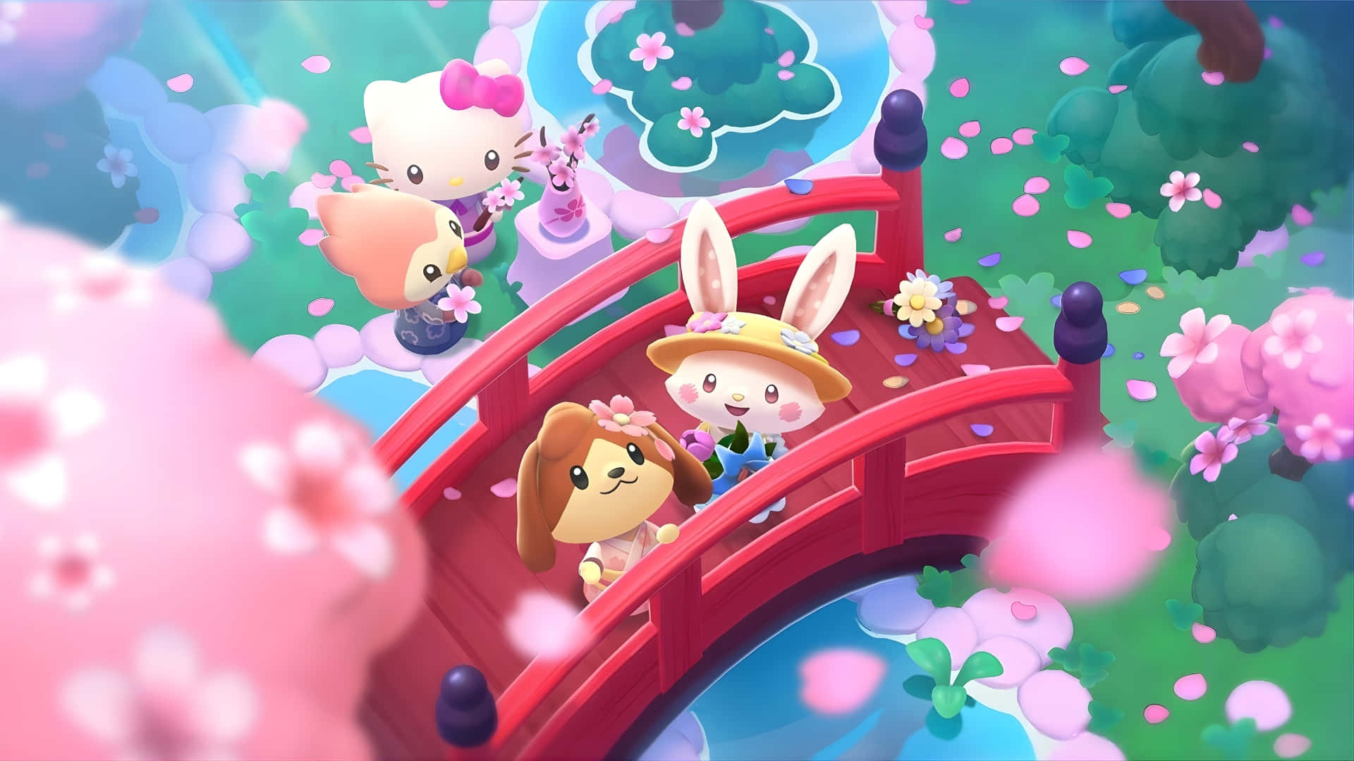  壁紙 — Hello Kitty 和朋友們在一個奇幻花園中，在飄落的粉紅色櫻花下漫步於一座鮮紅色的橋上。