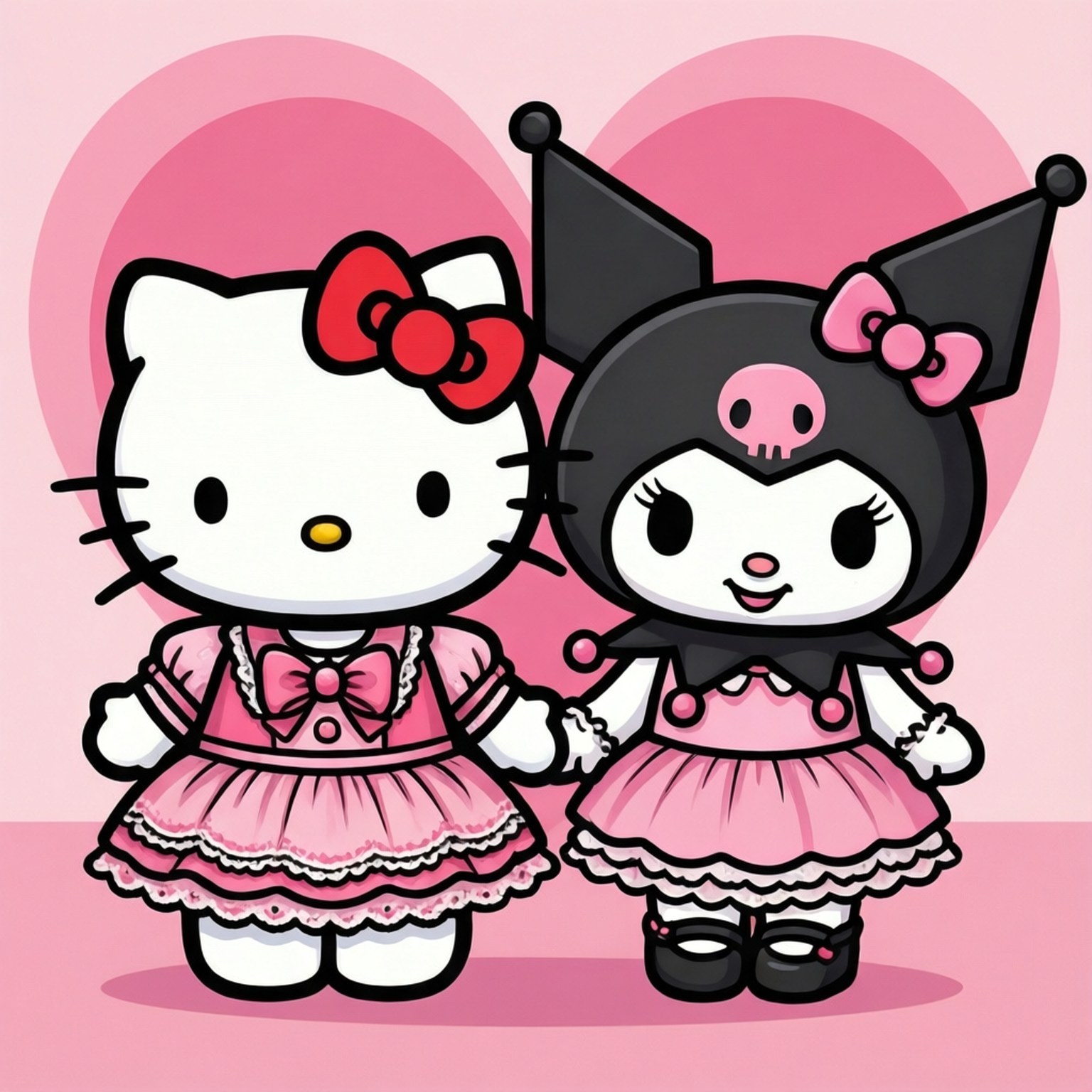 Hello Kitty 和 Kuromi 穿著粉紅色連衣裙牽手，心形背景