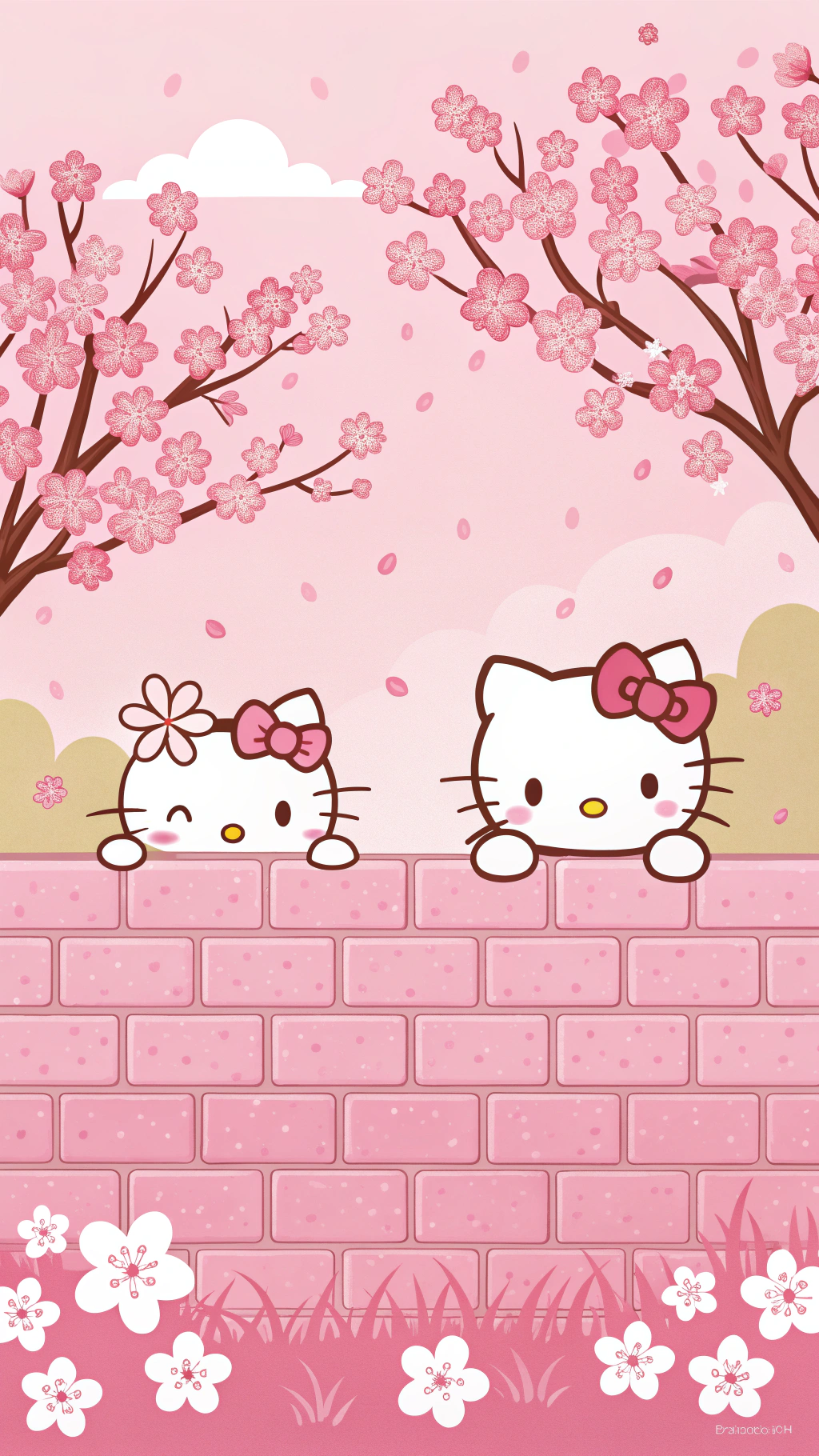 Hello Kitty的秘密花園被發現 壁紙 — 兩個Hello Kitty角色在盛開的櫻花樹下從粉紅磚牆上探出頭來。