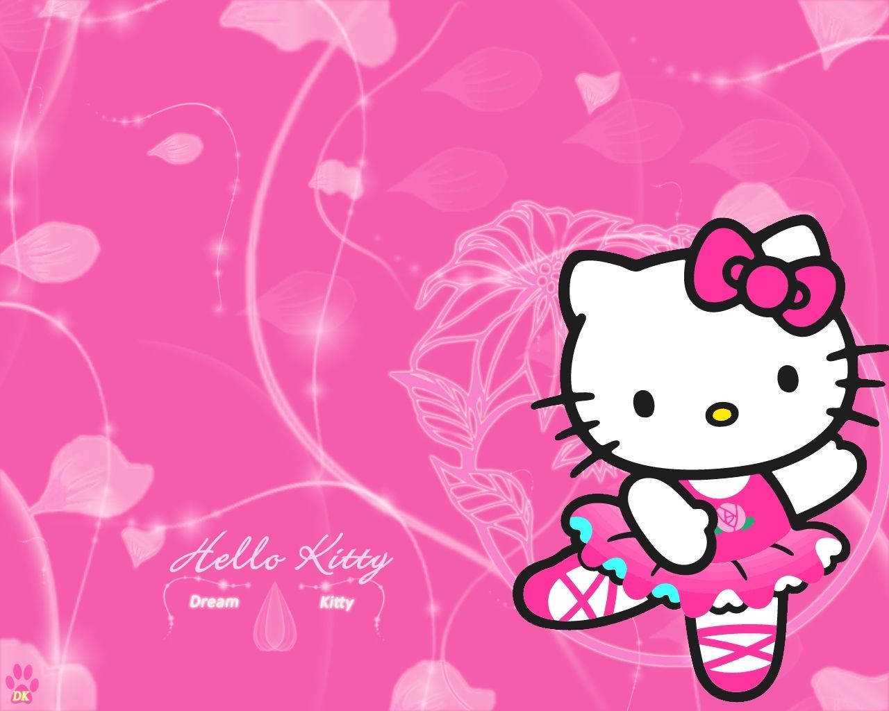 Hello Kitty化身芭蕾舞者，背景為粉紅色的壁紙。