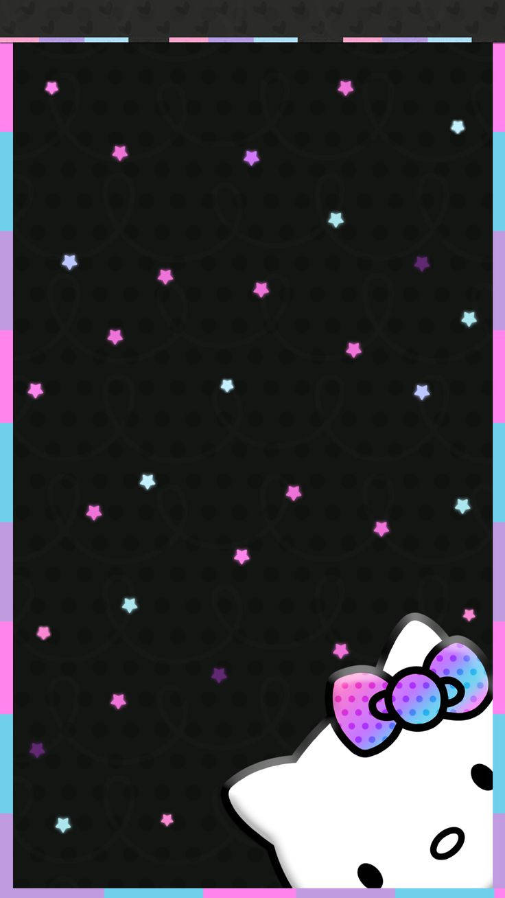 Hello Kitty 在黑色背景前探頭，周圍佈滿可愛星星的壁紙。
