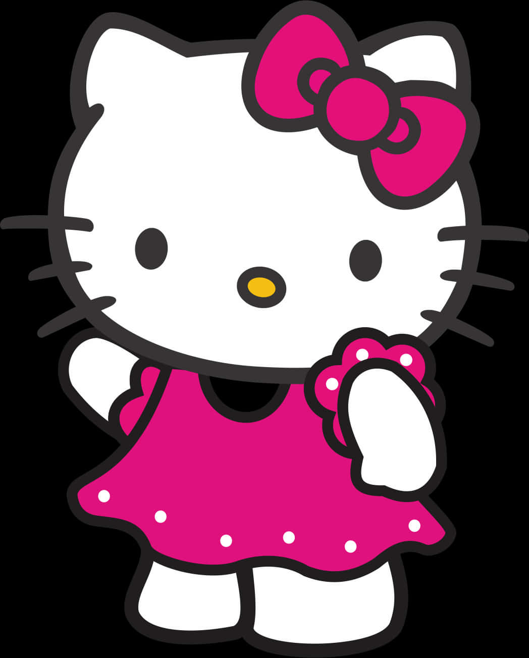 Hello Kitty穿粉紅連衣裙 壁紙 — Hello Kitty 卡通角色身穿粉紅色連衣裙和蝴蝶結，站在黑色背景前。