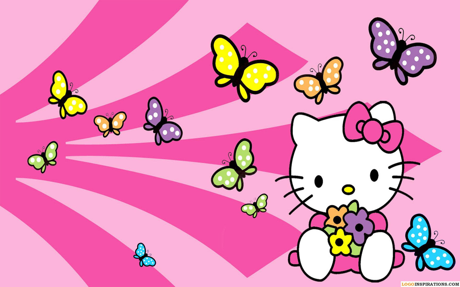 Hello Kitty 與飛舞蝴蝶在粉紅背景中的壁紙。