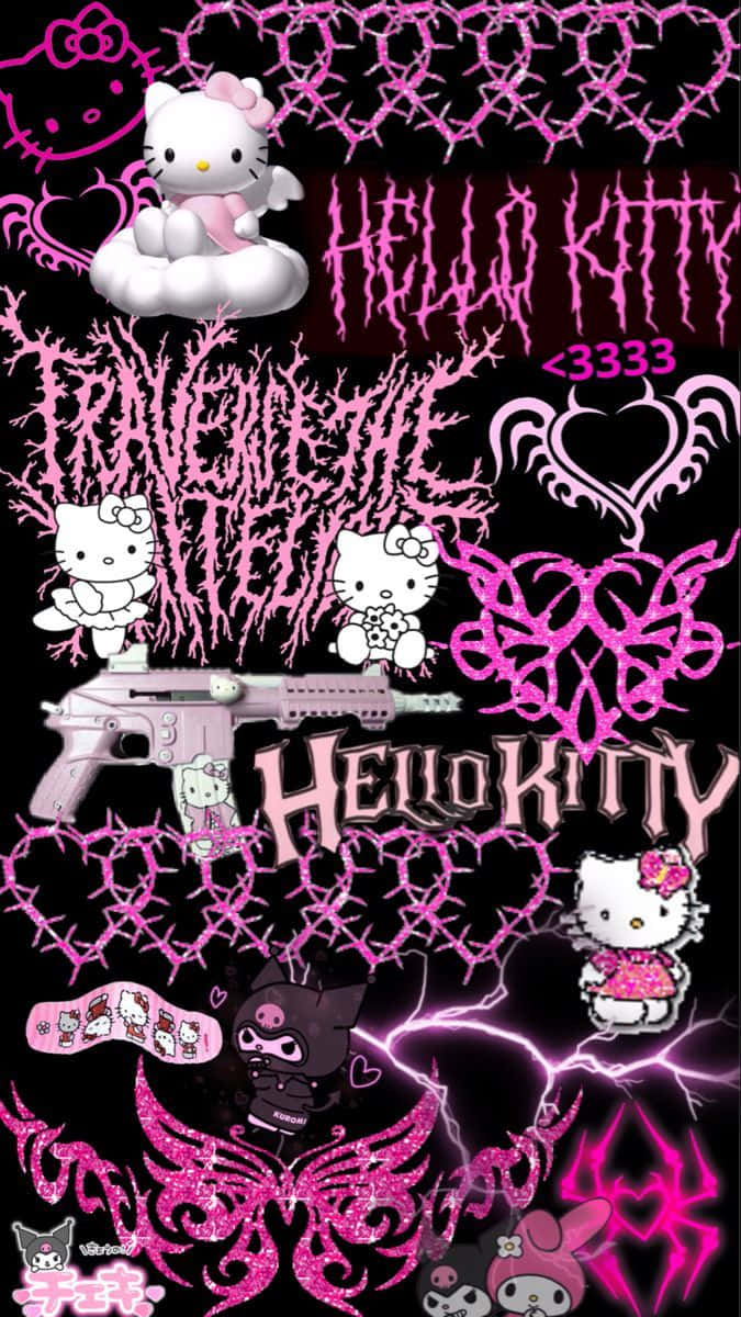 Goth Hello Kitty Aesthetic 桌布 壁紙 — 黑色背景上帶有尖刺、心形和閃電的粉紅色哥德風格Hello Kitty角色。