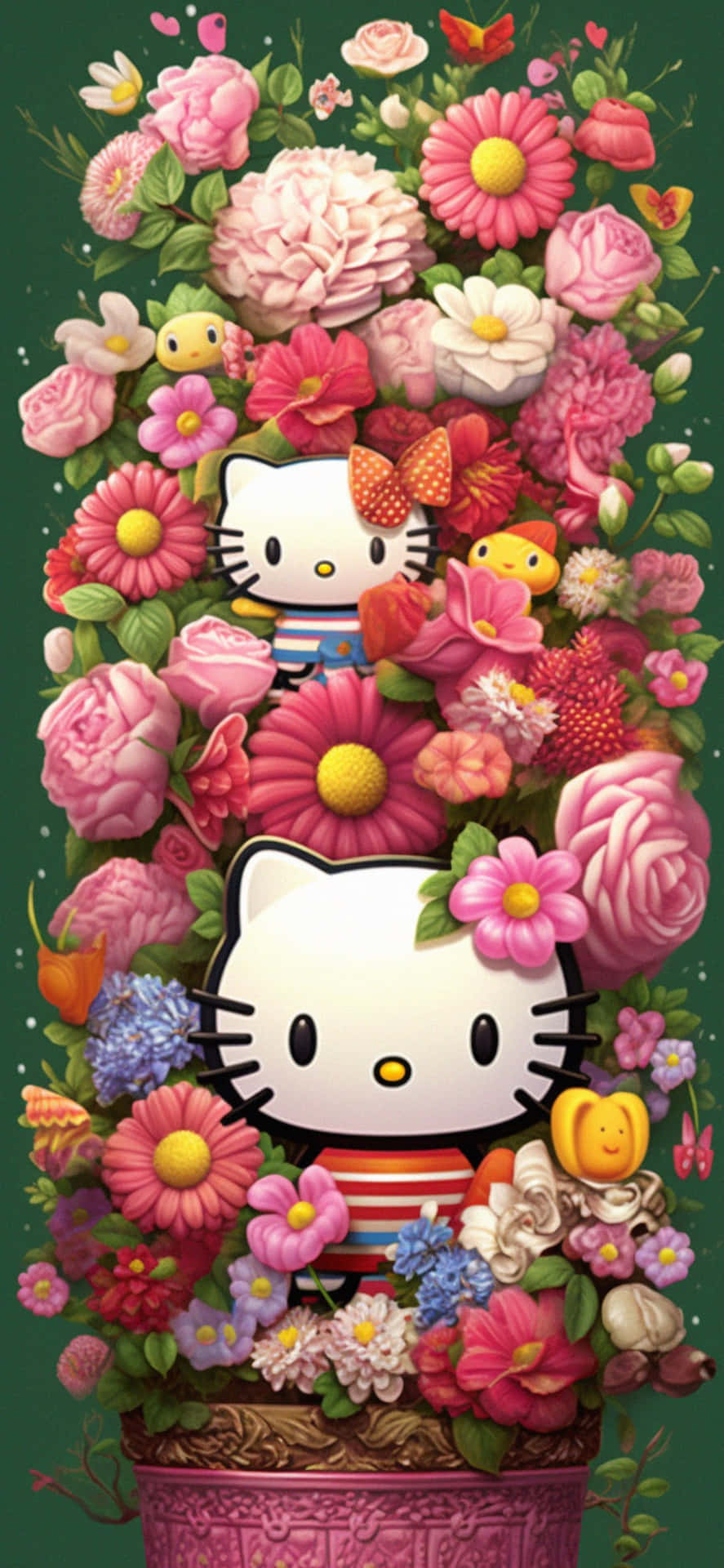  壁紙 — Hello Kitty 角色從一個裝飾性的粉紅色花盆中茂盛滿溢的花藝佈置中探出頭來，背景為深綠色。
