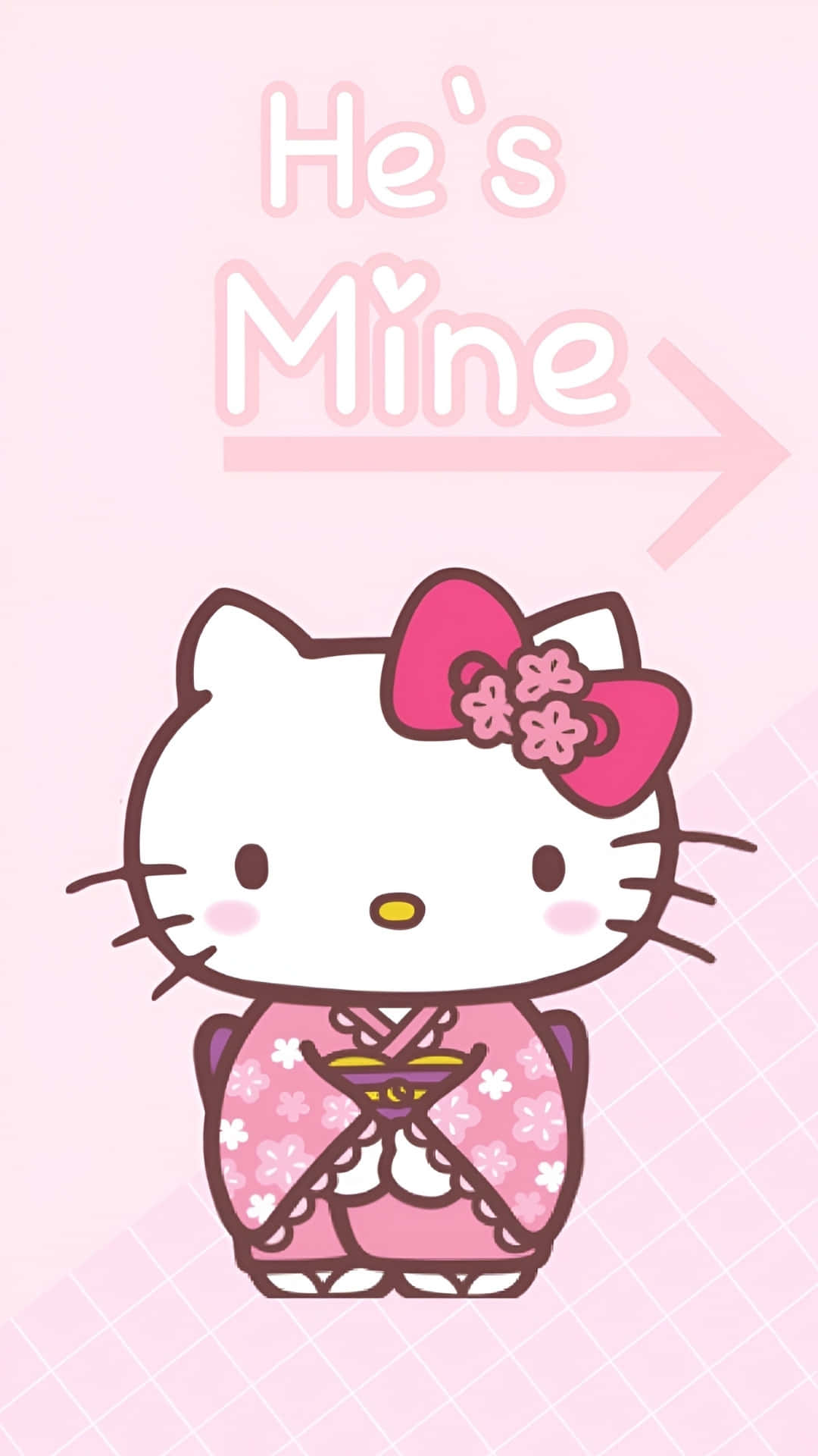  壁紙 — Hello Kitty 穿著粉紅色櫻花圖案和服，站在柔和的粉紅色網格背景前，上方有「He's Mine」文字。