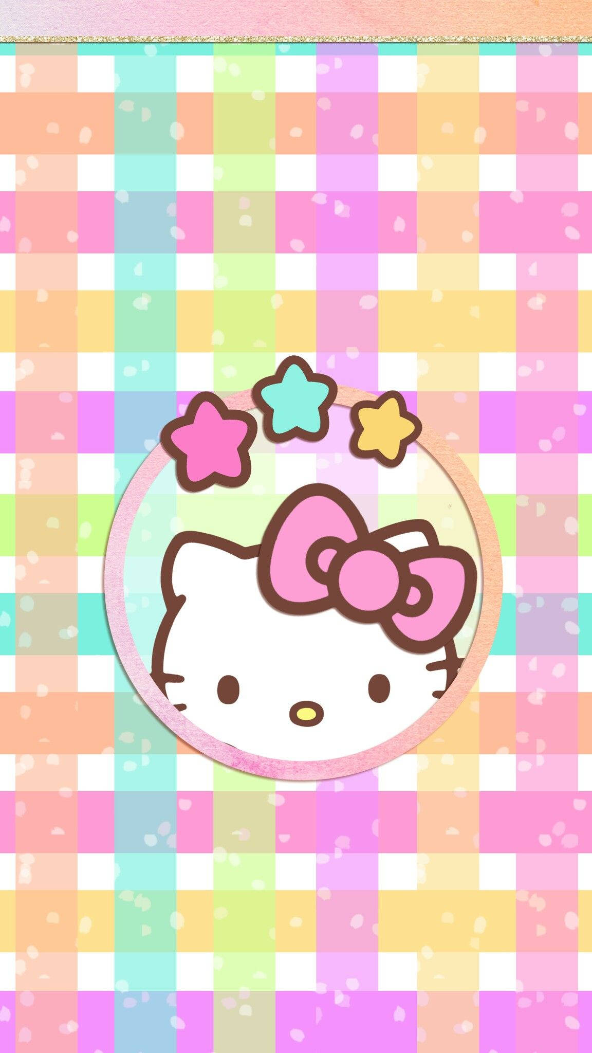 Hello Kitty織紋水彩壁紙 壁紙 — Hello Kitty 臉部，帶有粉紅色蝴蝶結和彩色星星，居中在粉彩格紋背景上，帶有閃粉。