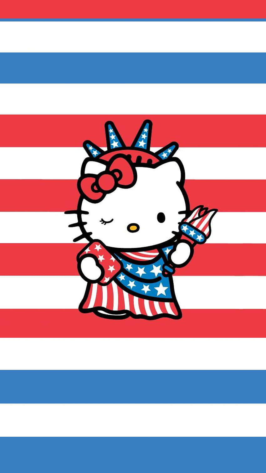  壁紙 — Hello Kitty 打扮成自由女神像，在紅、白、藍條紋背景前手持火炬。