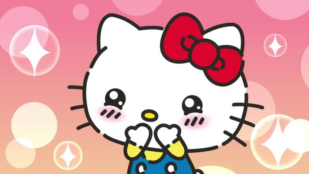 可愛卡通Hello Kitty頭像 壁紙 — Hello Kitty 戴著紅色蝴蝶結甜美微笑，閃亮泡泡在她周圍飄浮，背景為粉彩粉紅色漸變。